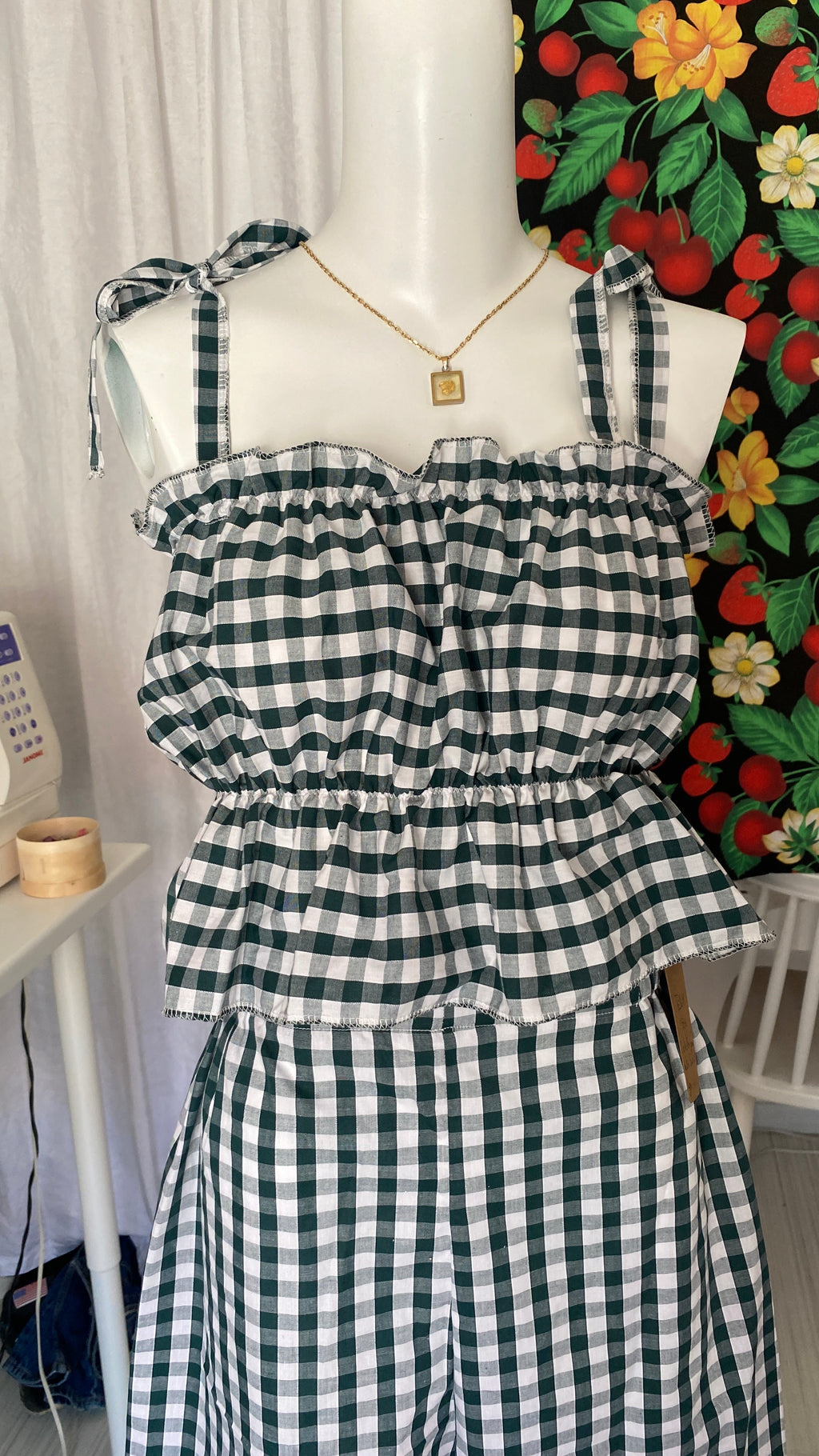 P'tis Ôh • Taille S/M & L • Haut bandeau à froufrou vichy vert et blanc