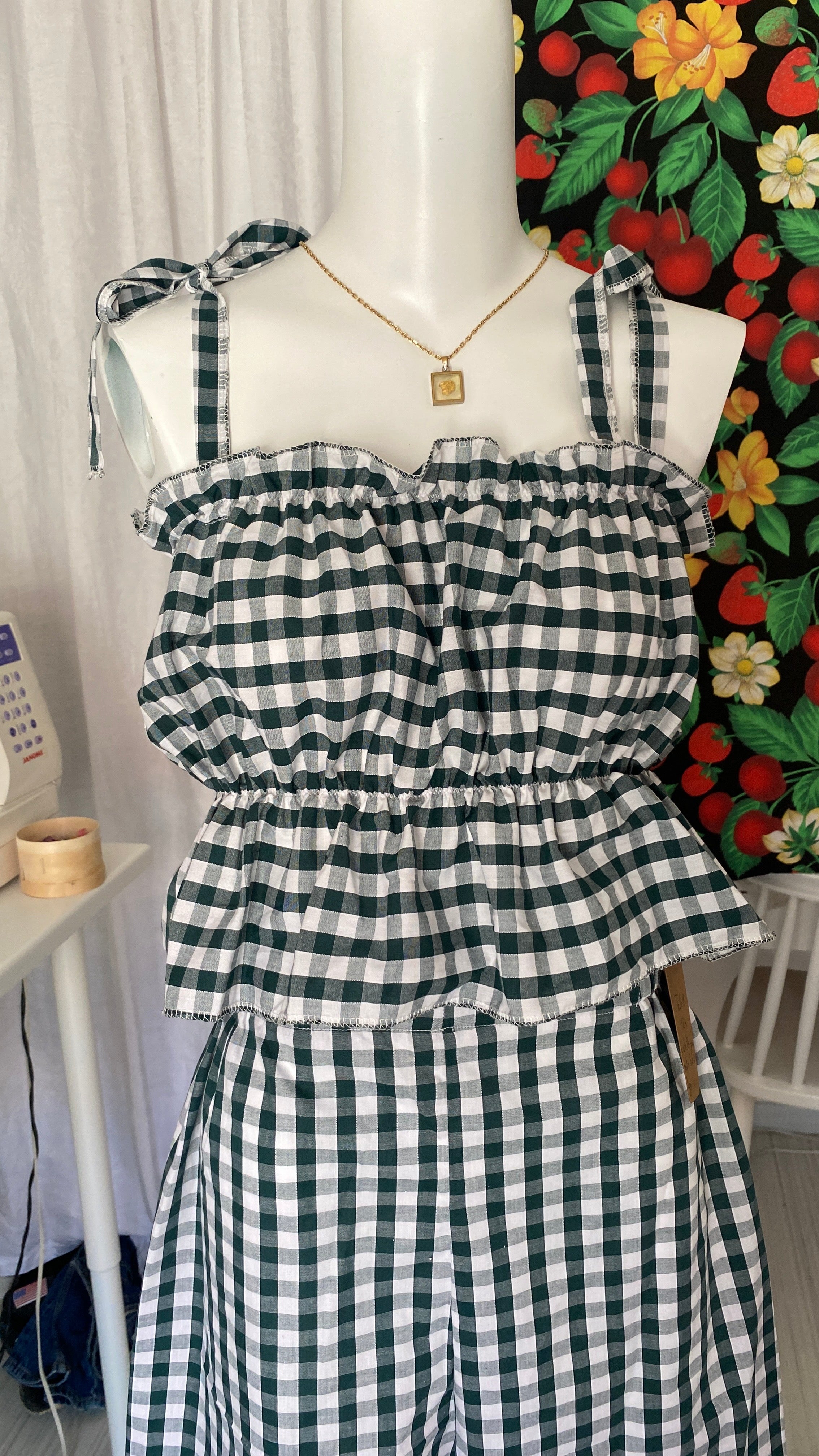 P'tis Ôh • Taille S/M & L • Haut bandeau à froufrou vichy vert et blanc