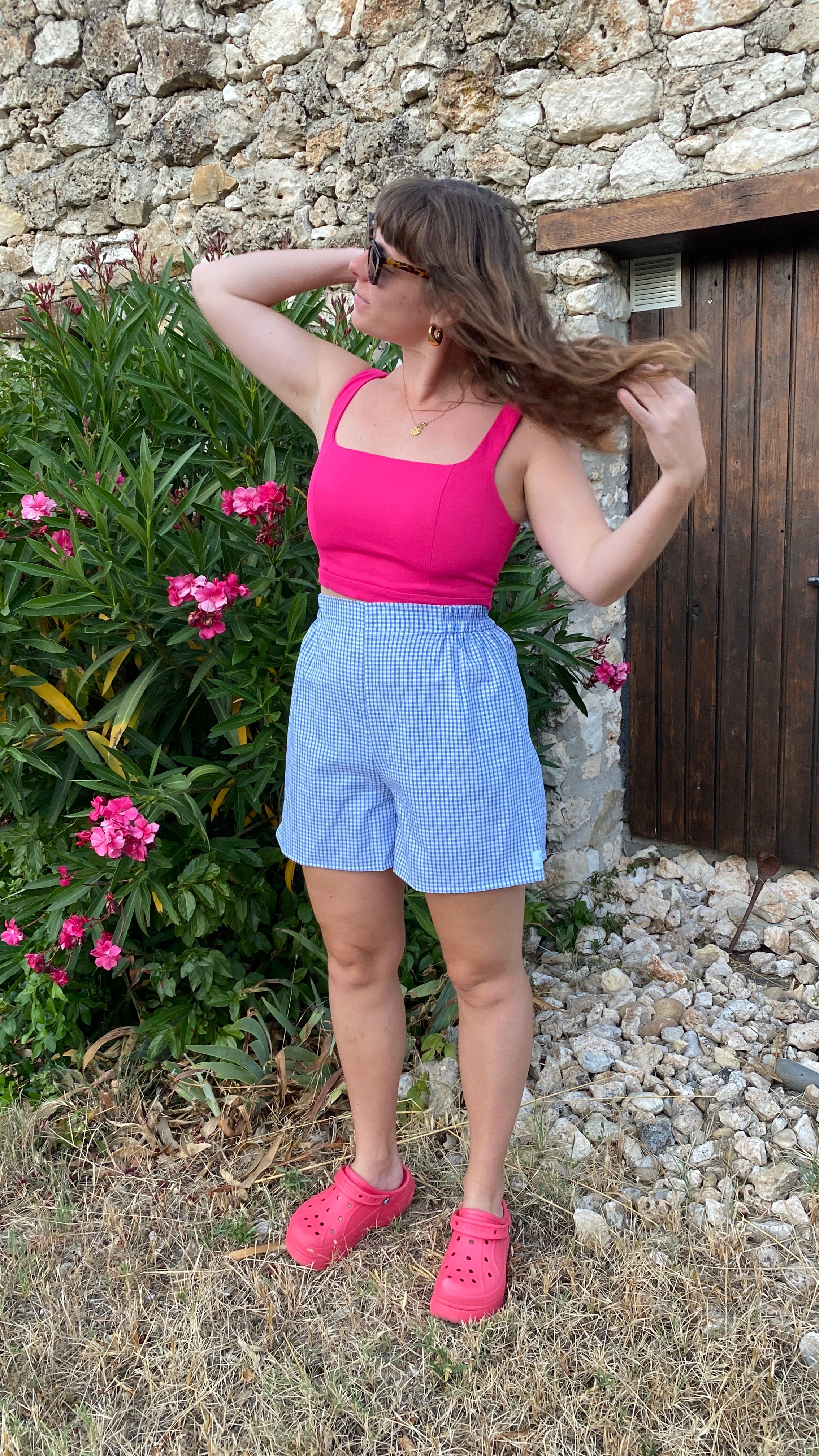 .Short • T.XS/S à XL • Short coton vichy bleu ciel