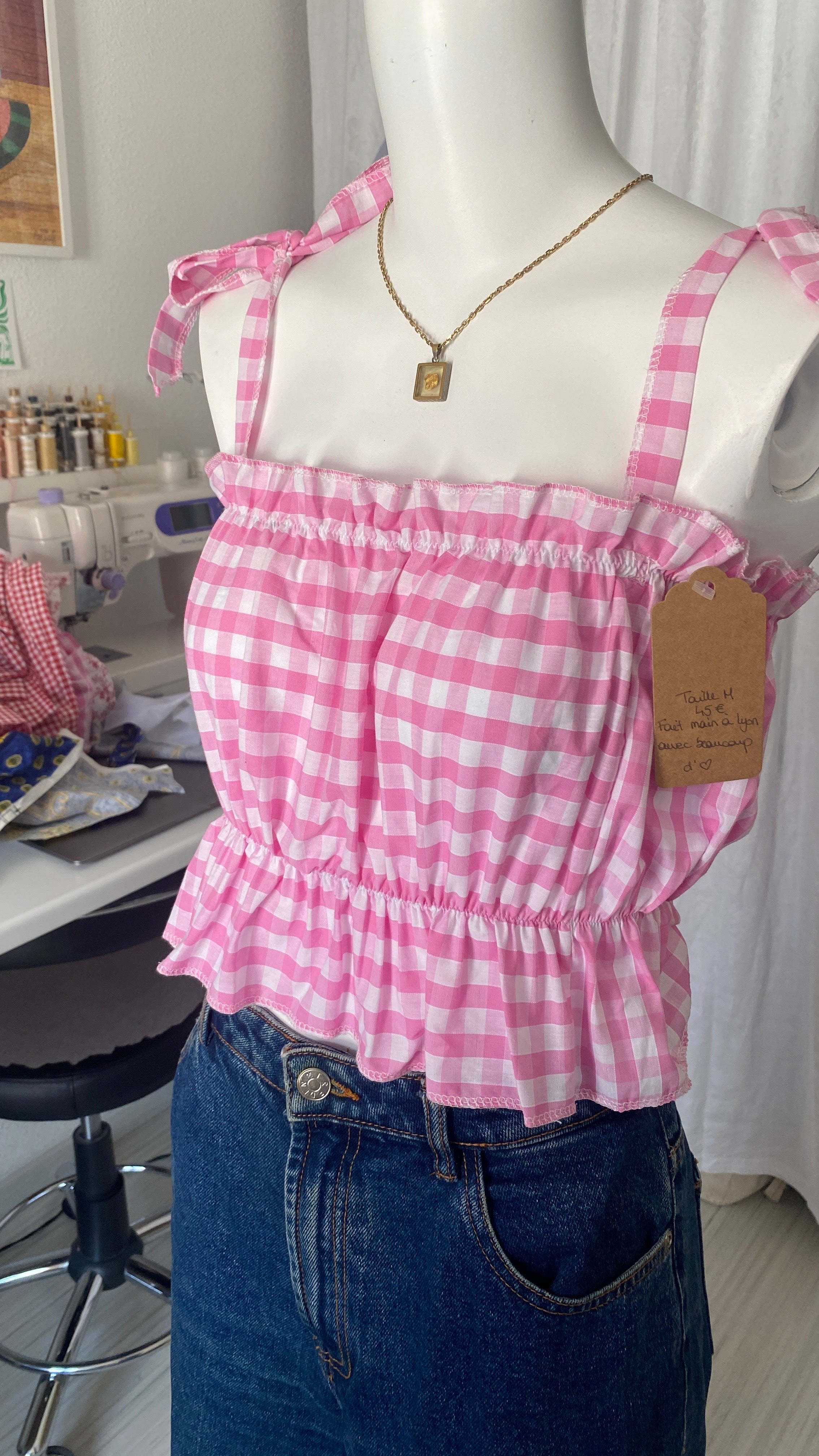 P'tis Ôh • T. S/M et L  • Haut bandeau à froufrou vichy rose