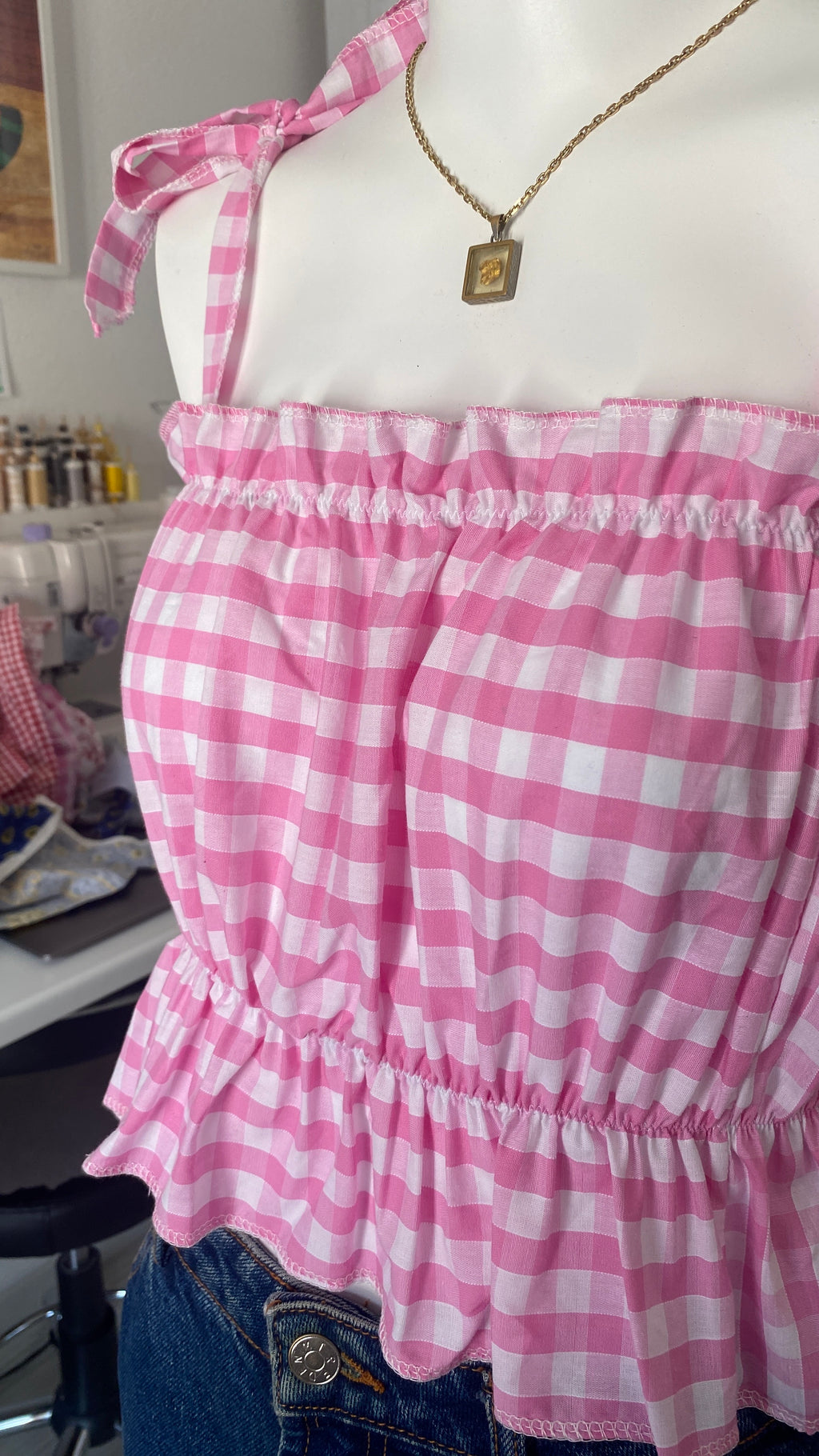 P'tis Ôh • T. S/M et L  • Haut bandeau à froufrou vichy rose