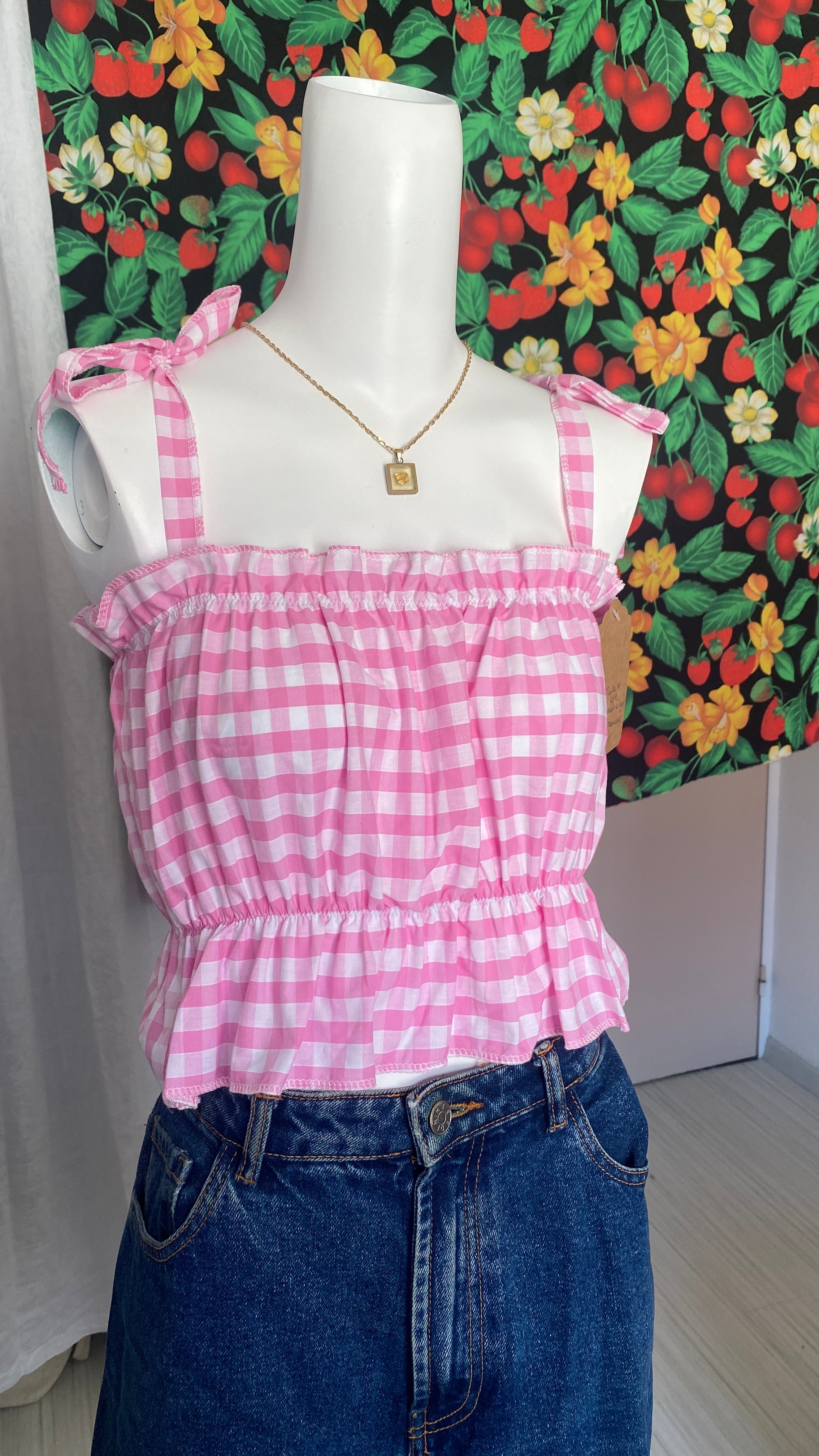 P'tis Ôh • T. S/M et L  • Haut bandeau à froufrou vichy rose