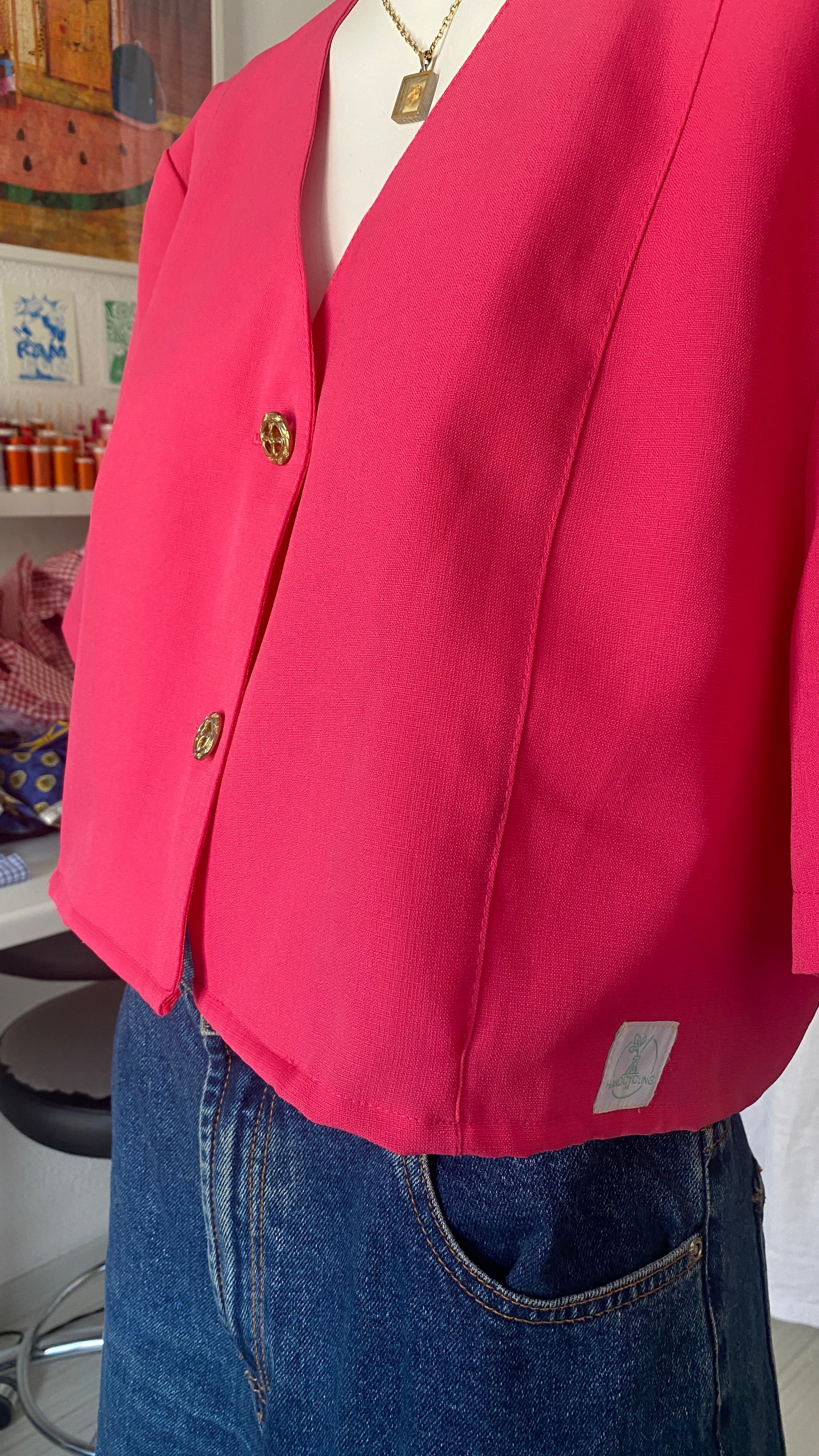 Cropped • T. 38 à 46 • Chemise courte manches courtes fuchsia + fleurs