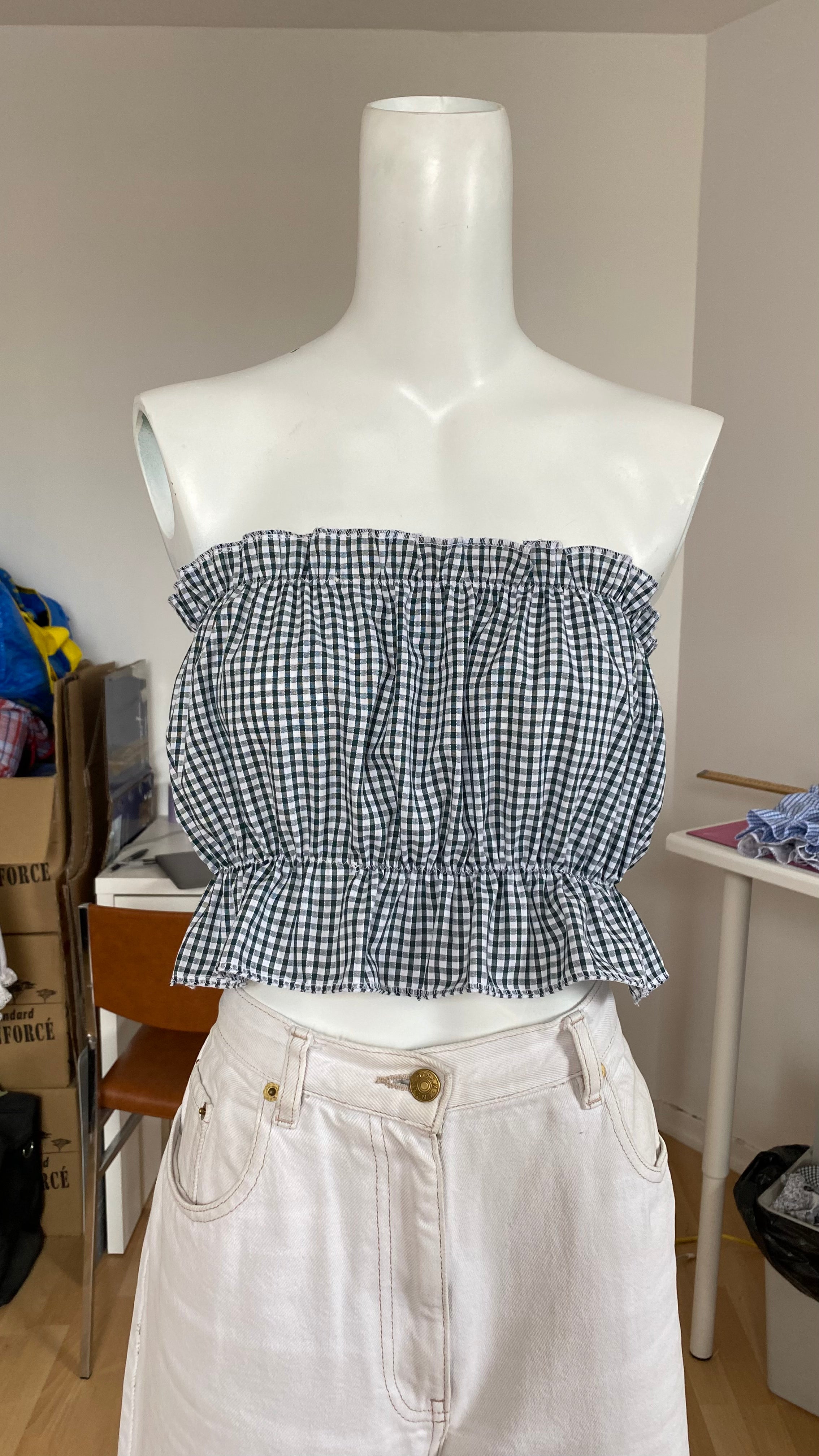 P'tis Ôh • T.XS/S au XL • Haut bandeau à froufrou vichy vert foncé et blanc