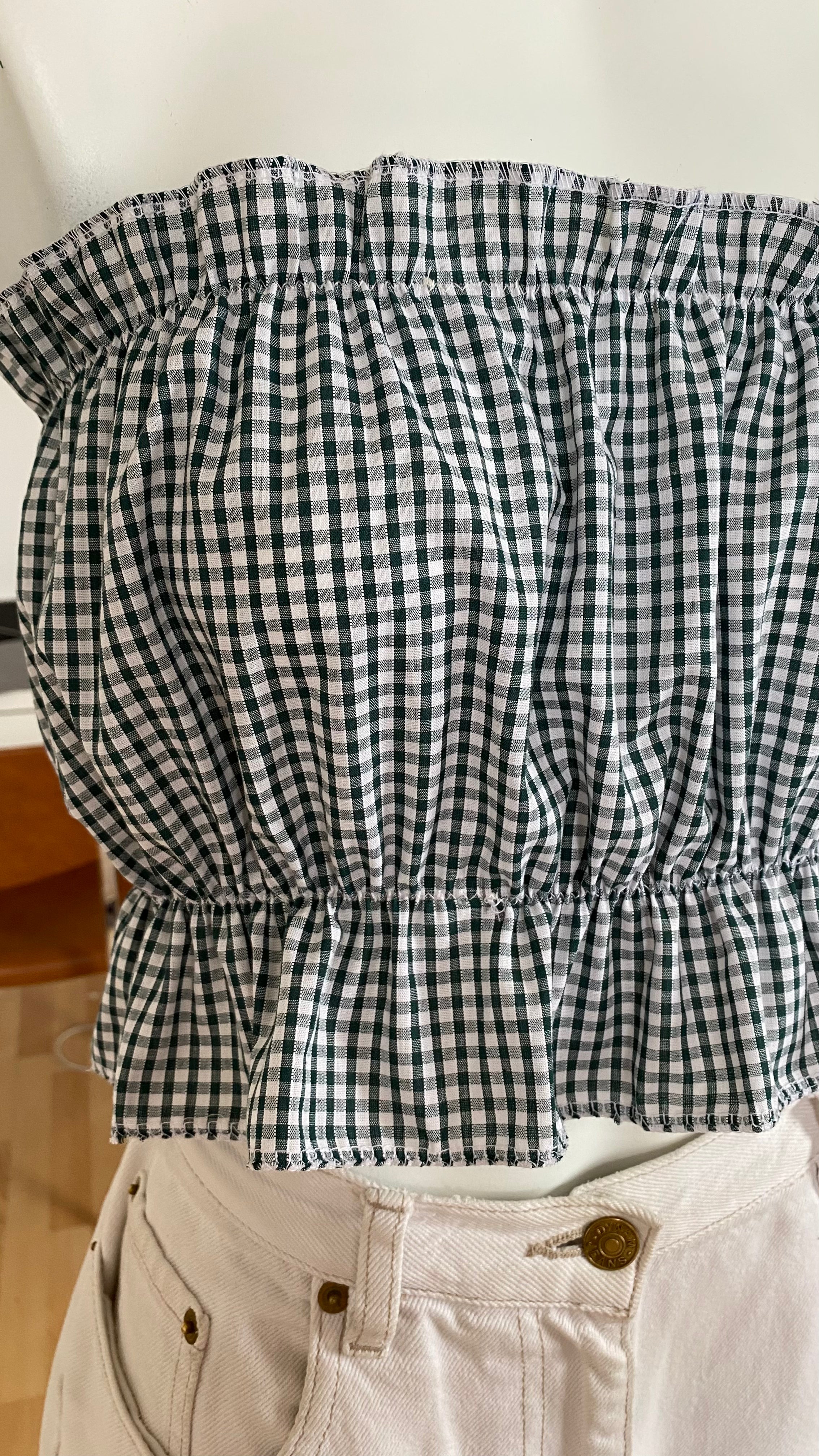 P'tis Ôh • T.XS/S au XL • Haut bandeau à froufrou vichy vert foncé et blanc