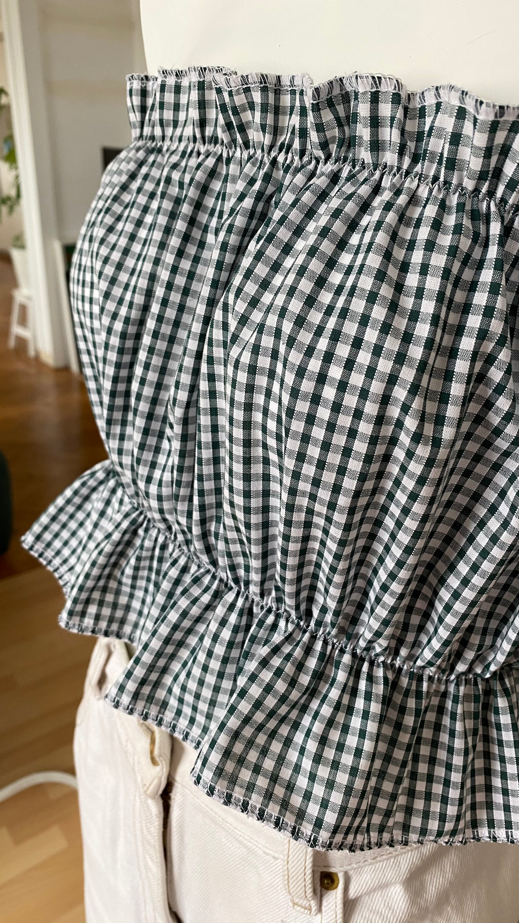 P'tis Ôh • T.XS/S au XL • Haut bandeau à froufrou vichy vert foncé et blanc