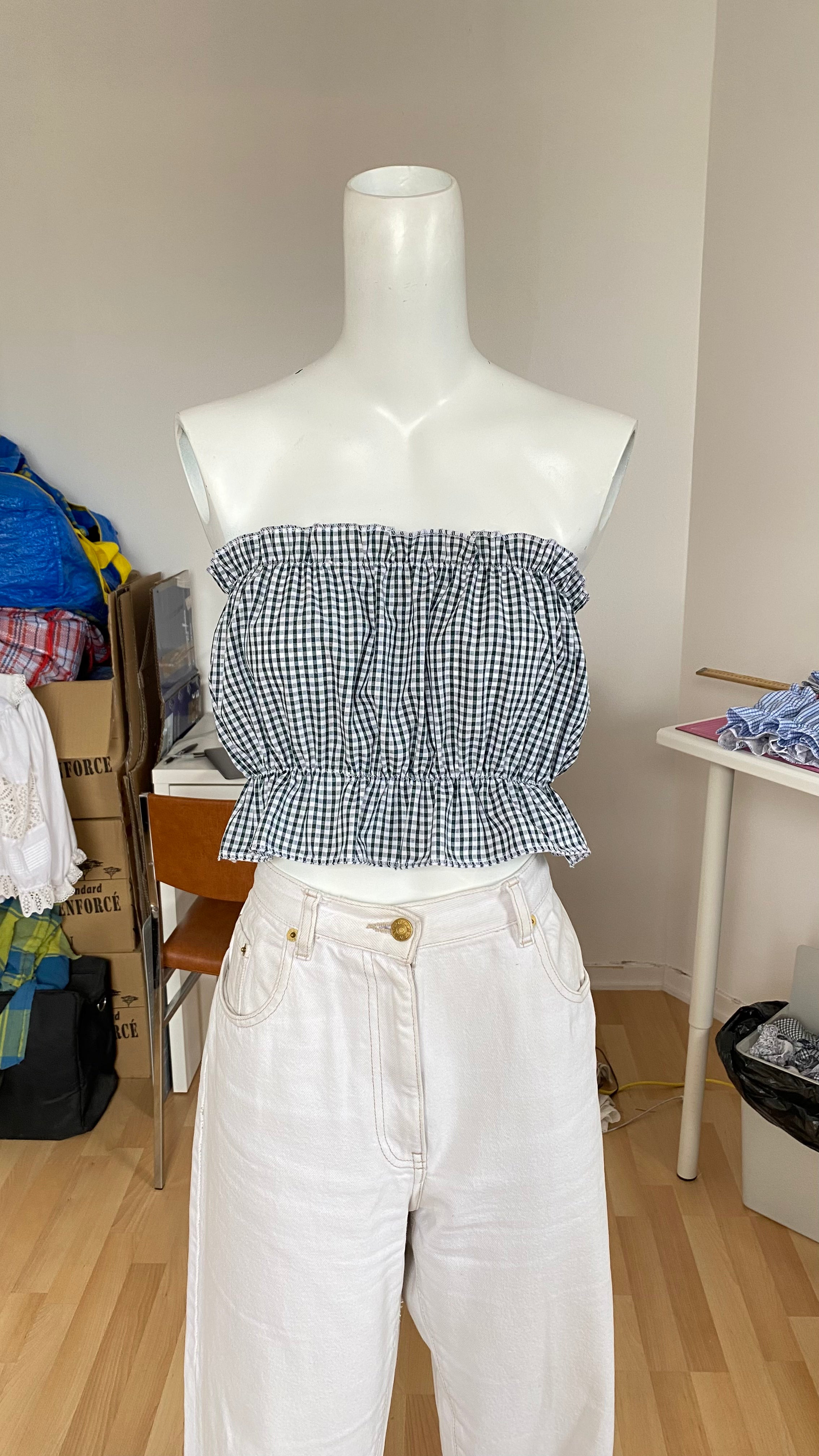 P'tis Ôh • T.XS/S au XL • Haut bandeau à froufrou vichy vert foncé et blanc