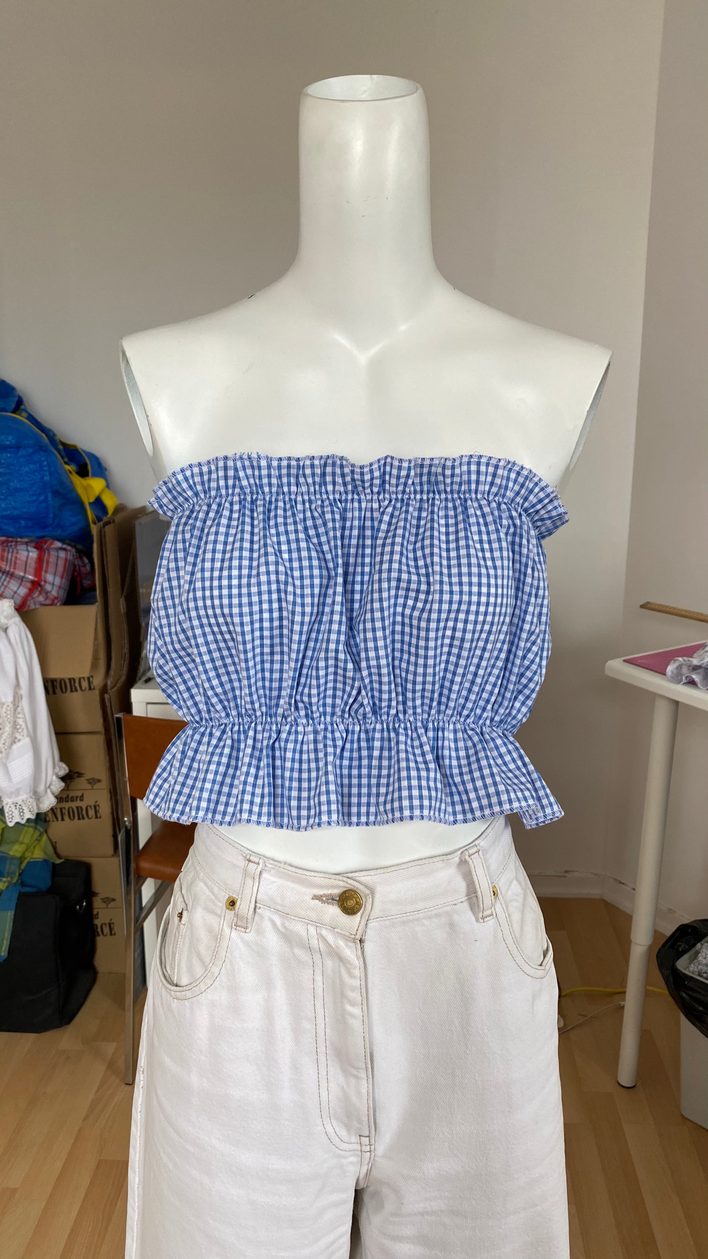 P'tis Ôh • T.XS/S au XL • Haut bandeau à froufrou vichy bleu et blanc