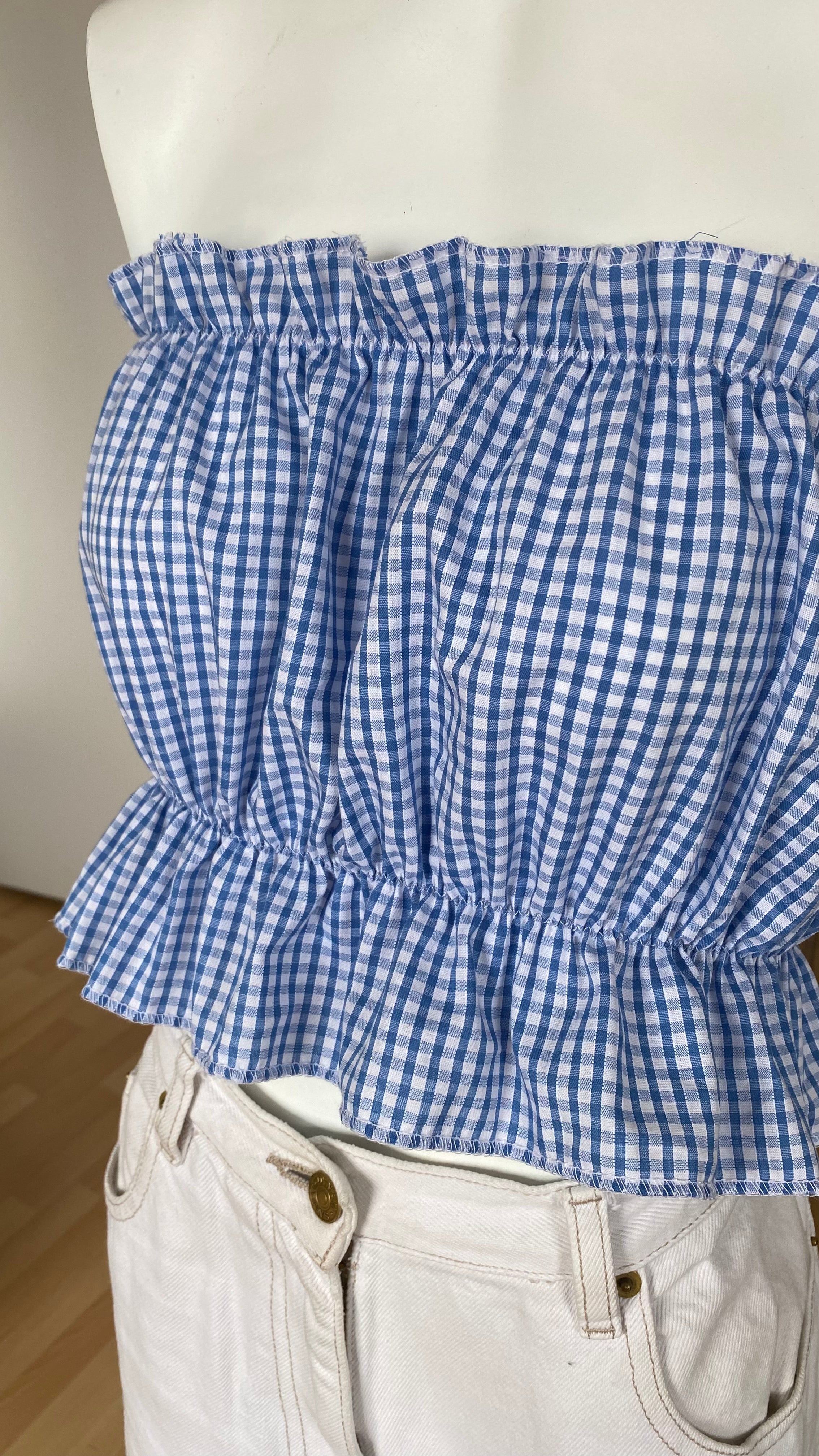 P'tis Ôh • T.XS/S au XL • Haut bandeau à froufrou vichy bleu et blanc