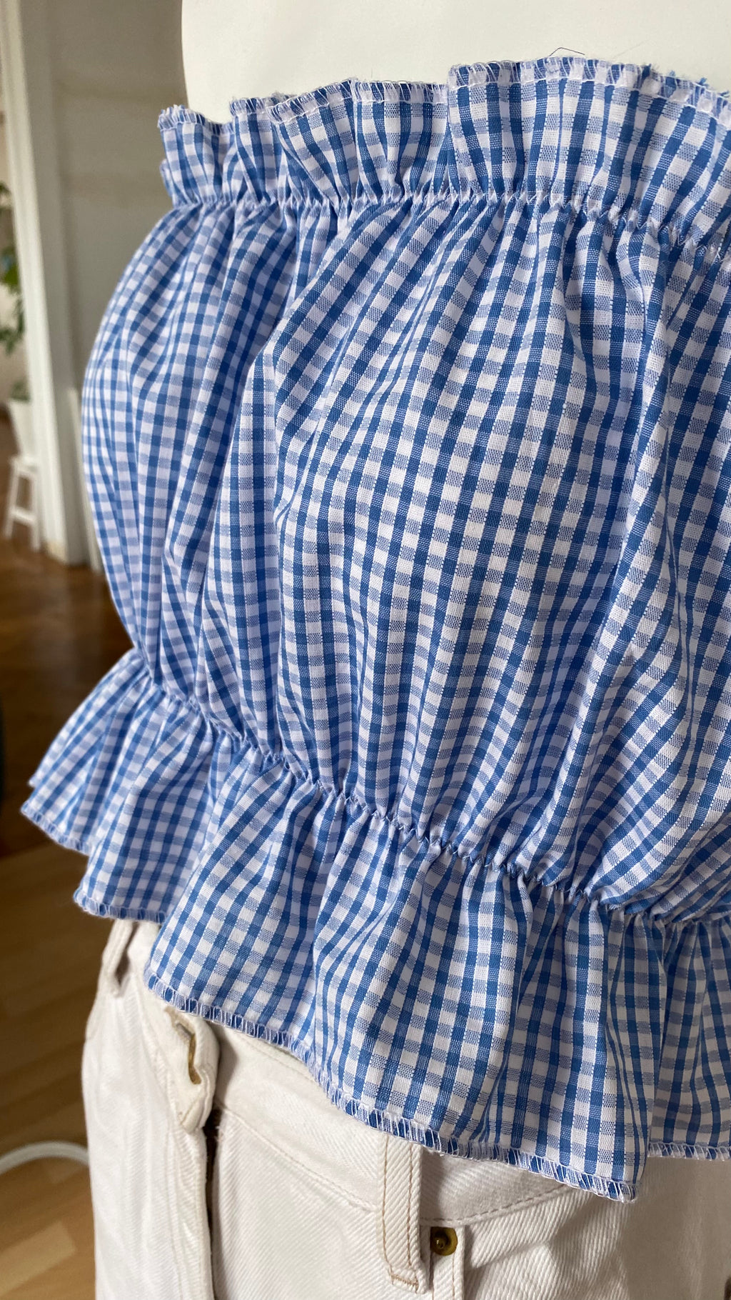 P'tis Ôh • T.XS/S au XL • Haut bandeau à froufrou vichy bleu et blanc
