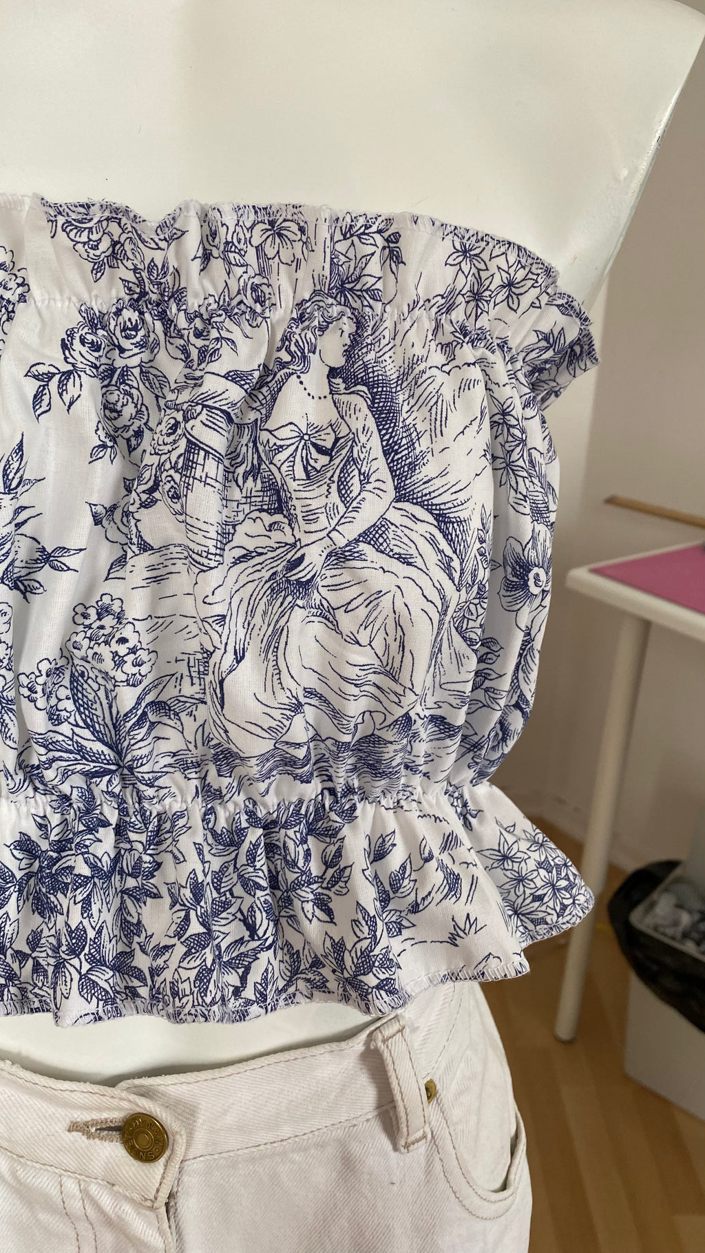 P'tis Ôh • T.XS/S au XL  • Haut bandeau à froufrou toile de jouy bleue