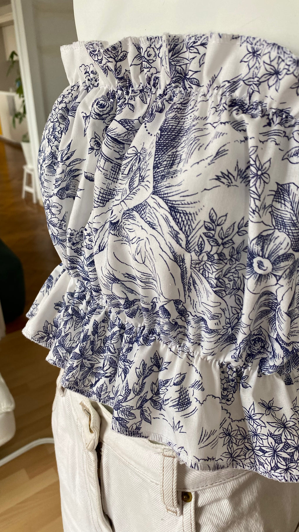 P'tis Ôh • T.XS/S au XL  • Haut bandeau à froufrou toile de jouy bleue