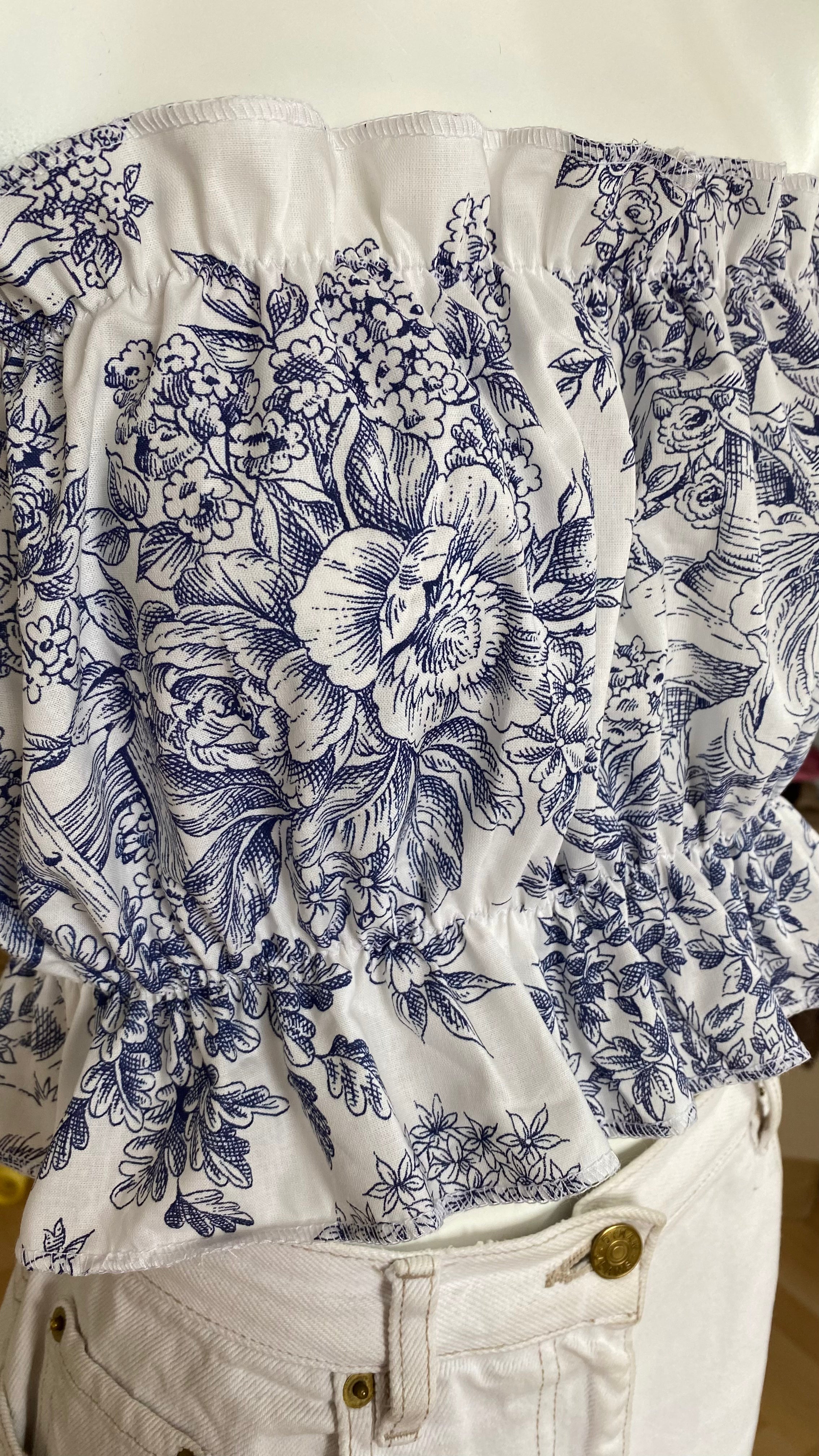 P'tis Ôh • T.XS/S au XL  • Haut bandeau à froufrou toile de jouy bleue