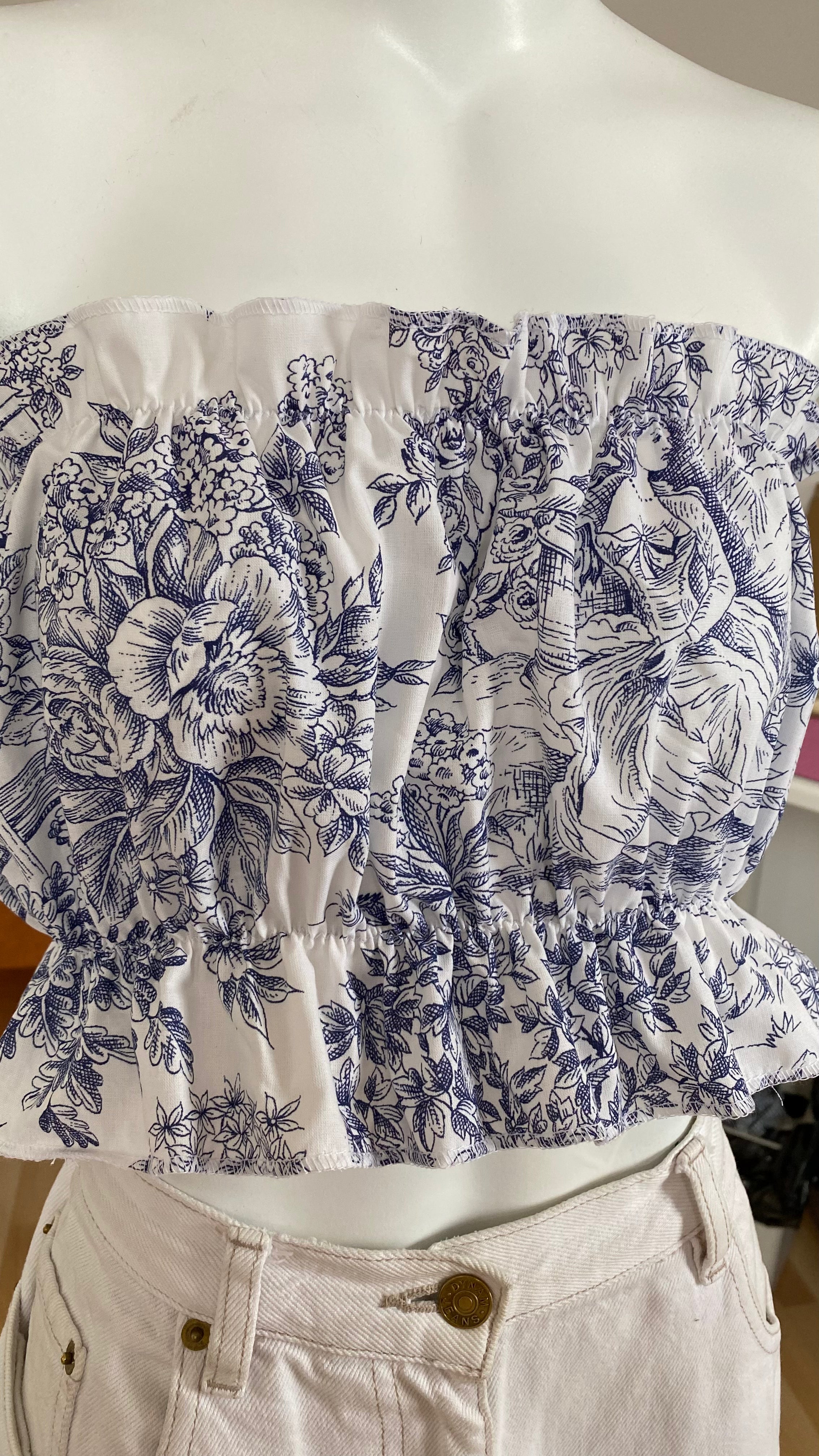 P'tis Ôh • T.XS/S au XL  • Haut bandeau à froufrou toile de jouy bleue