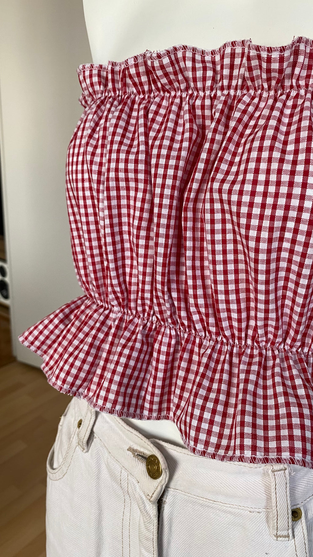 .P'tis Ôh • T.XS/S au XL • Haut bandeau à froufrou vichy rouge et blanc