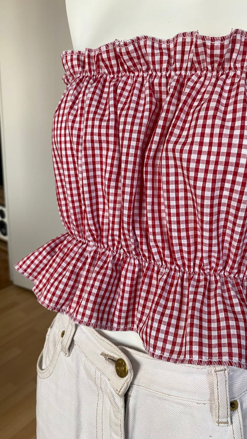 .P'tis Ôh • T.XS/S au XL • Haut bandeau à froufrou vichy rouge et blanc