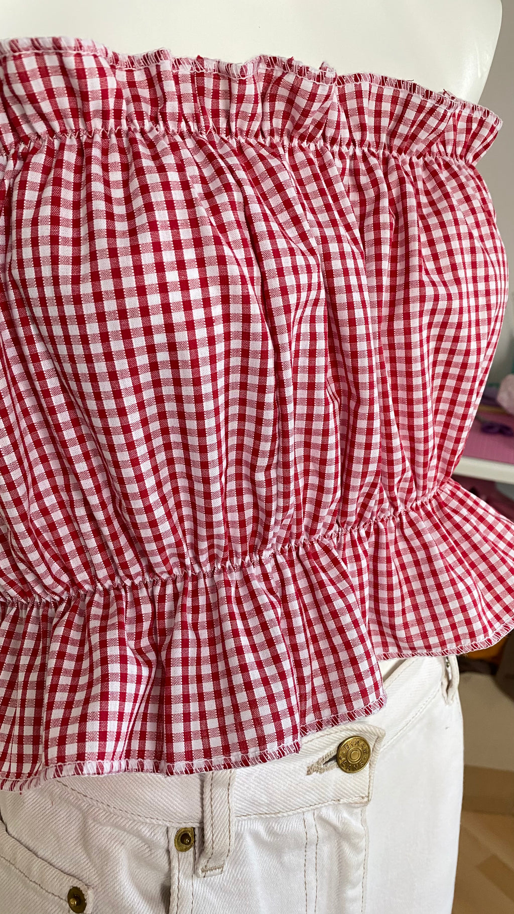 .P'tis Ôh • T.XS/S au XL • Haut bandeau à froufrou vichy rouge et blanc