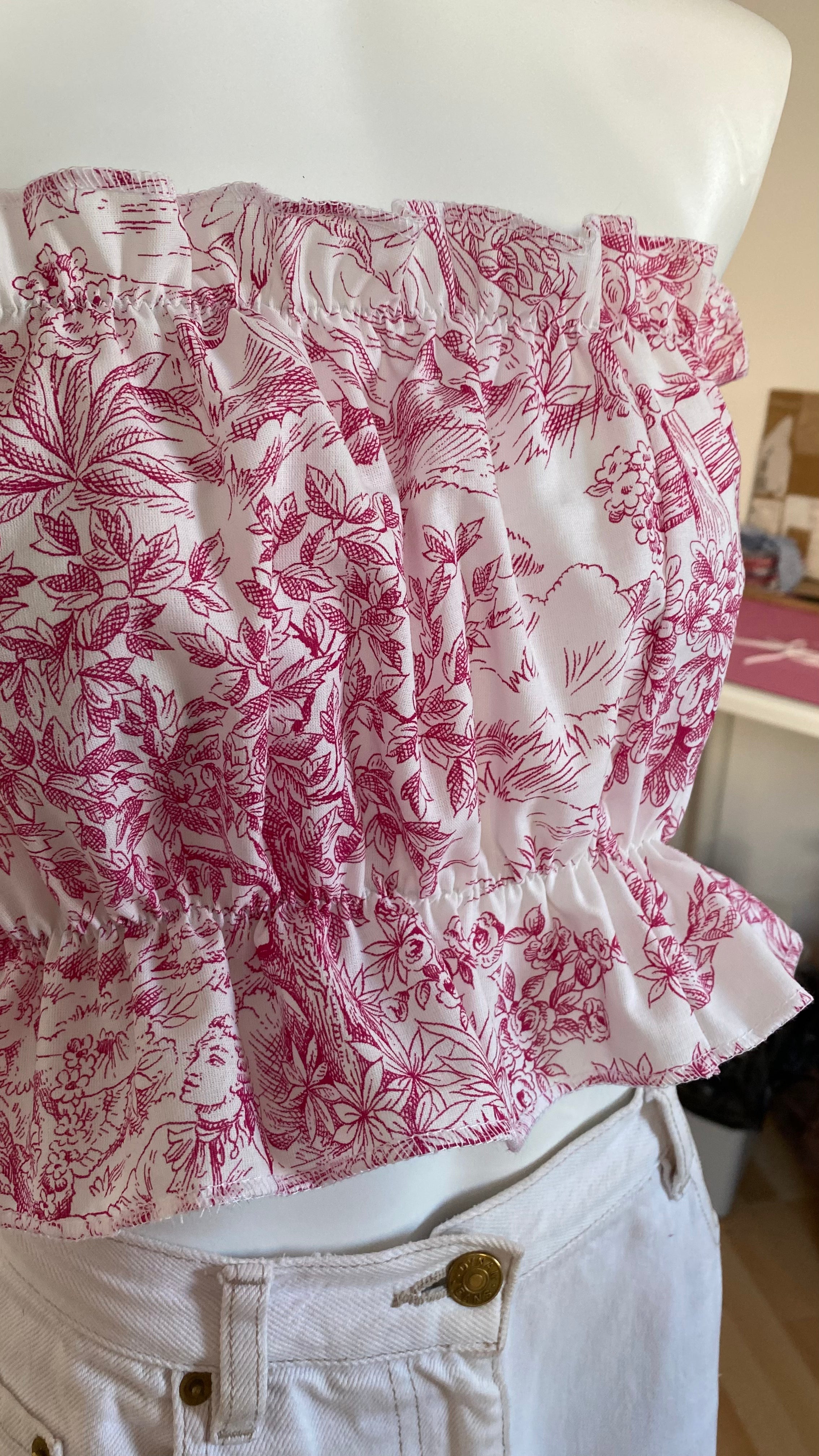 P'tis Ôh • T.XS/S au XL • Haut bandeau à froufrou toile de jouy rose