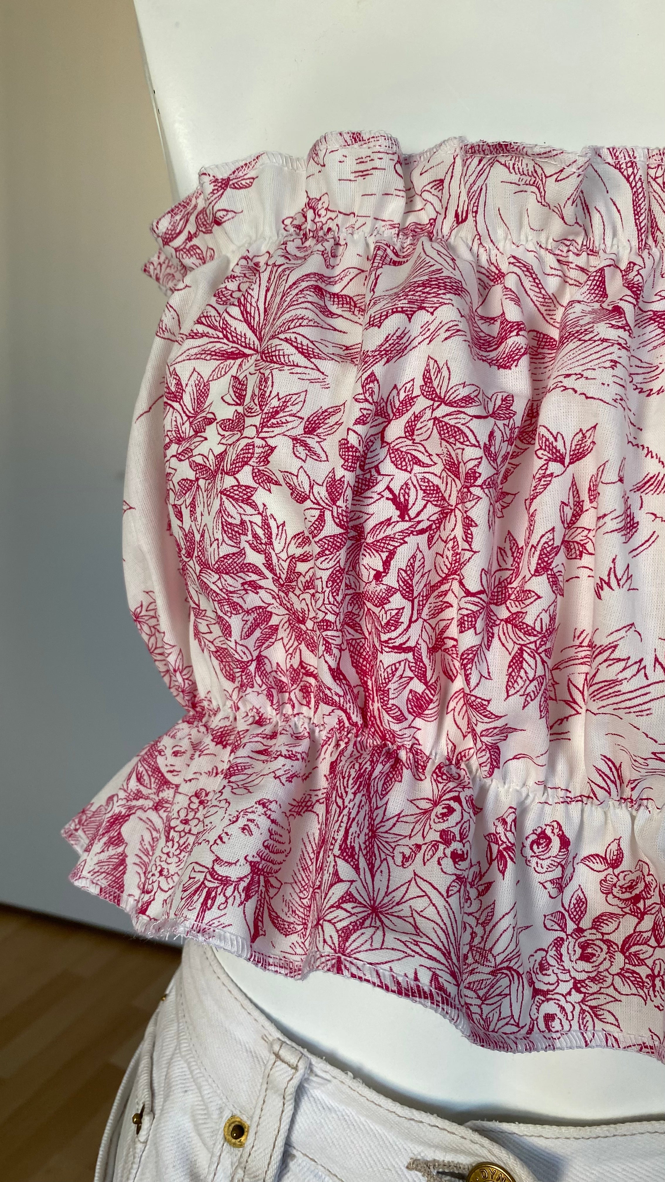 P'tis Ôh • T.XS/S au XL • Haut bandeau à froufrou toile de jouy rose