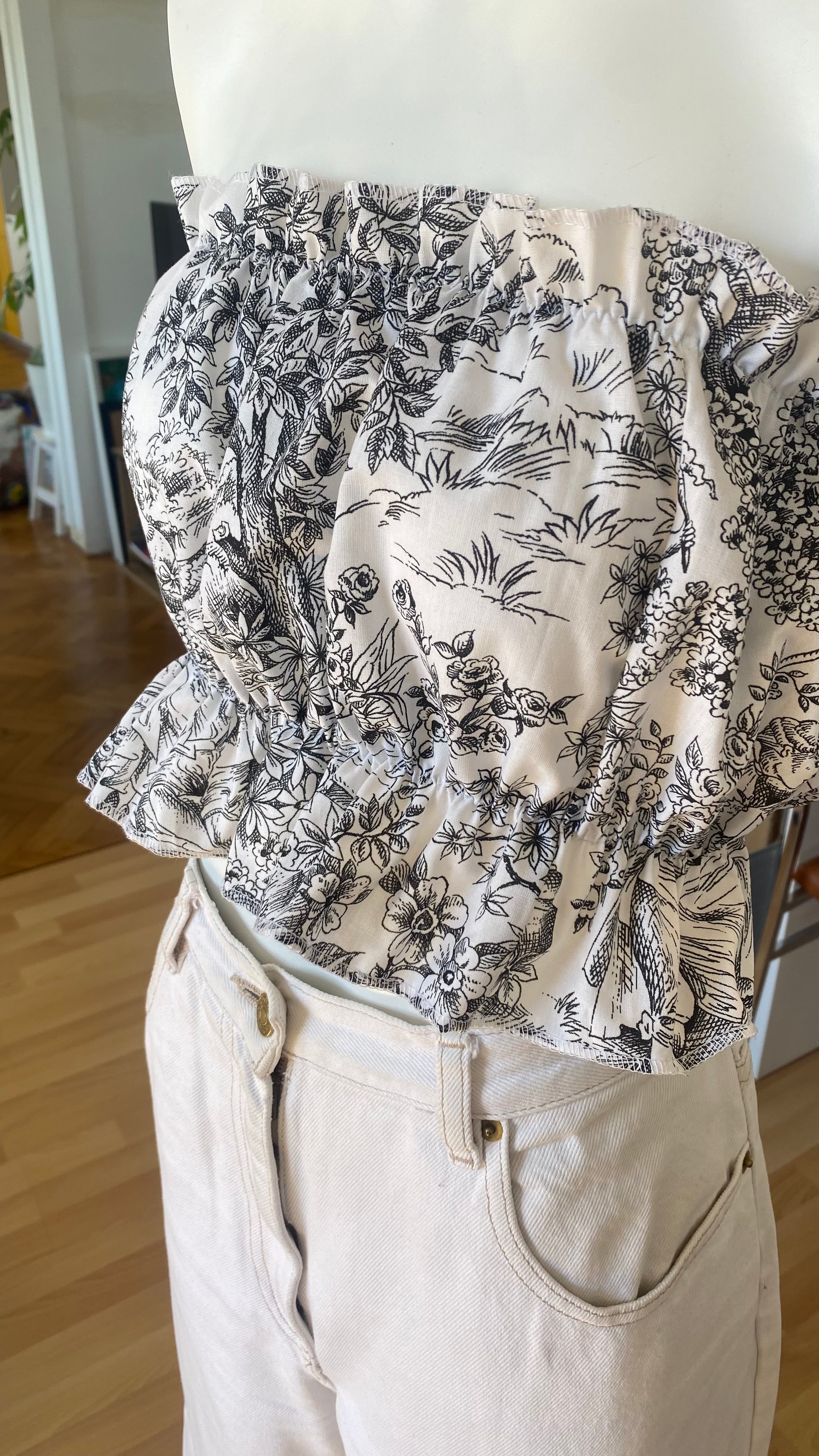 P'tis Ôh • T.XS/S au XL • Haut bandeau à froufrou toile de jouy noire