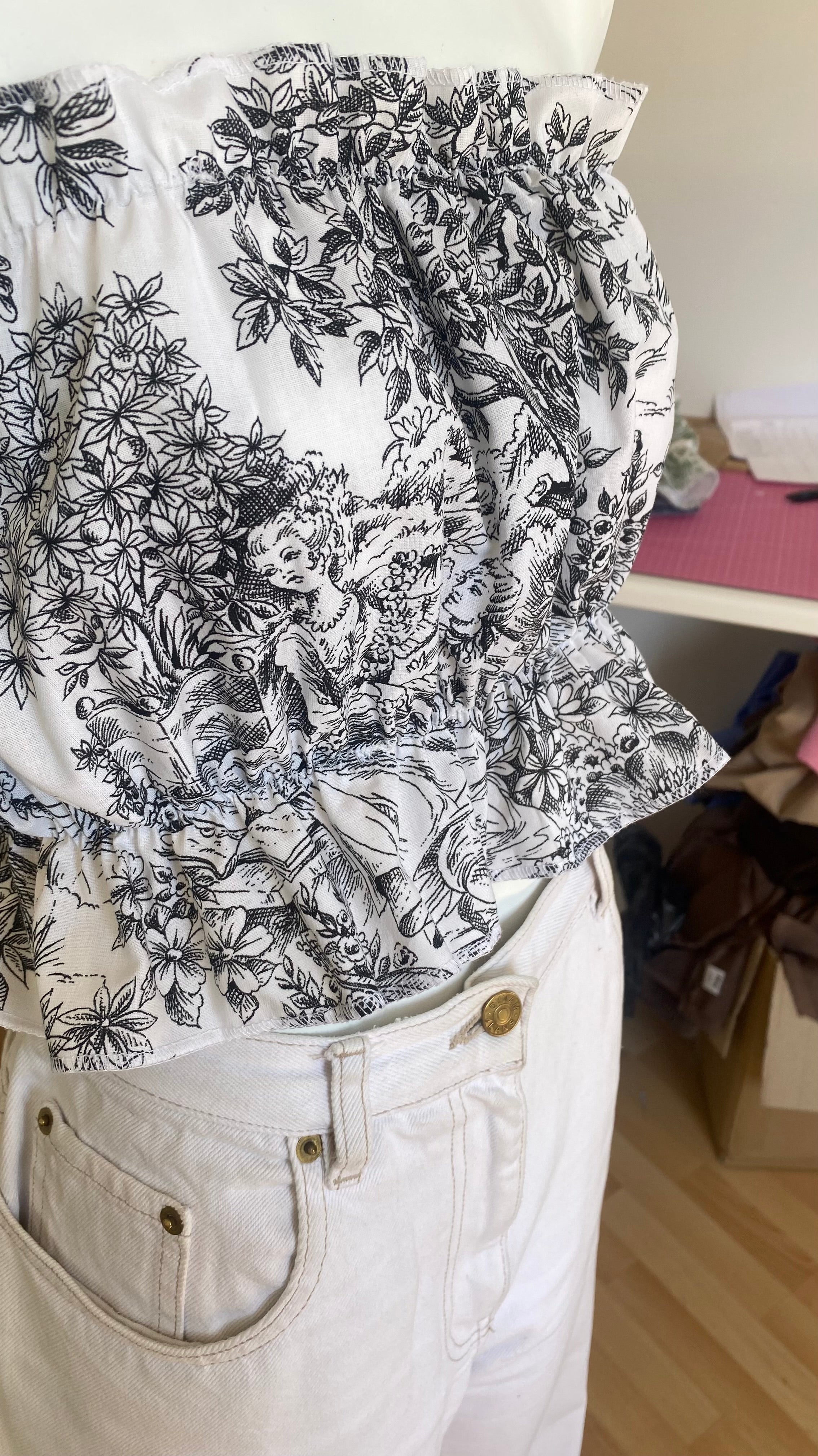 P'tis Ôh • T.XS/S au XL • Haut bandeau à froufrou toile de jouy noire