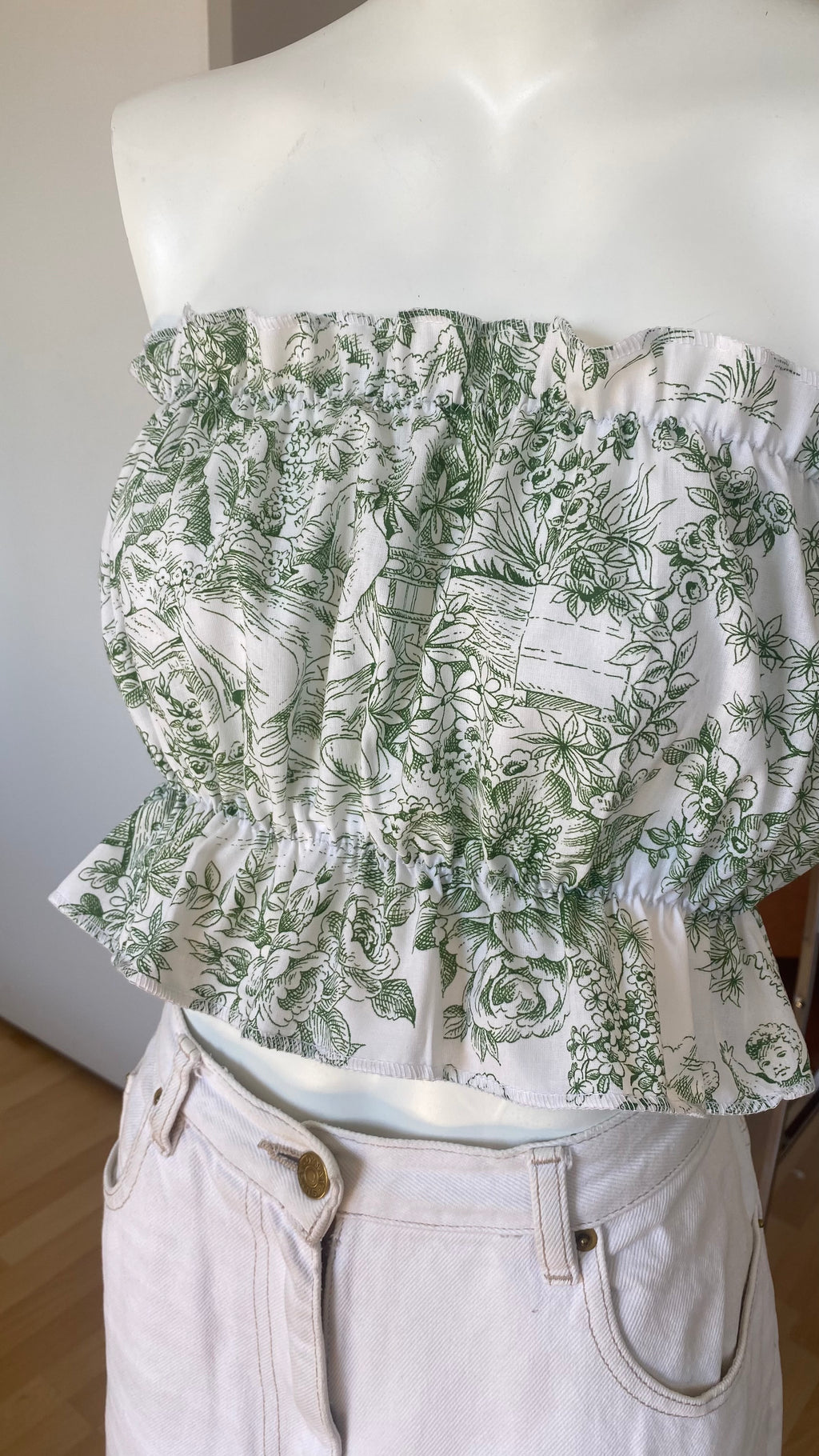 P'tis Ôh • T.XS/S au XL • Haut bandeau à froufrou toile de jouy verte et blanche