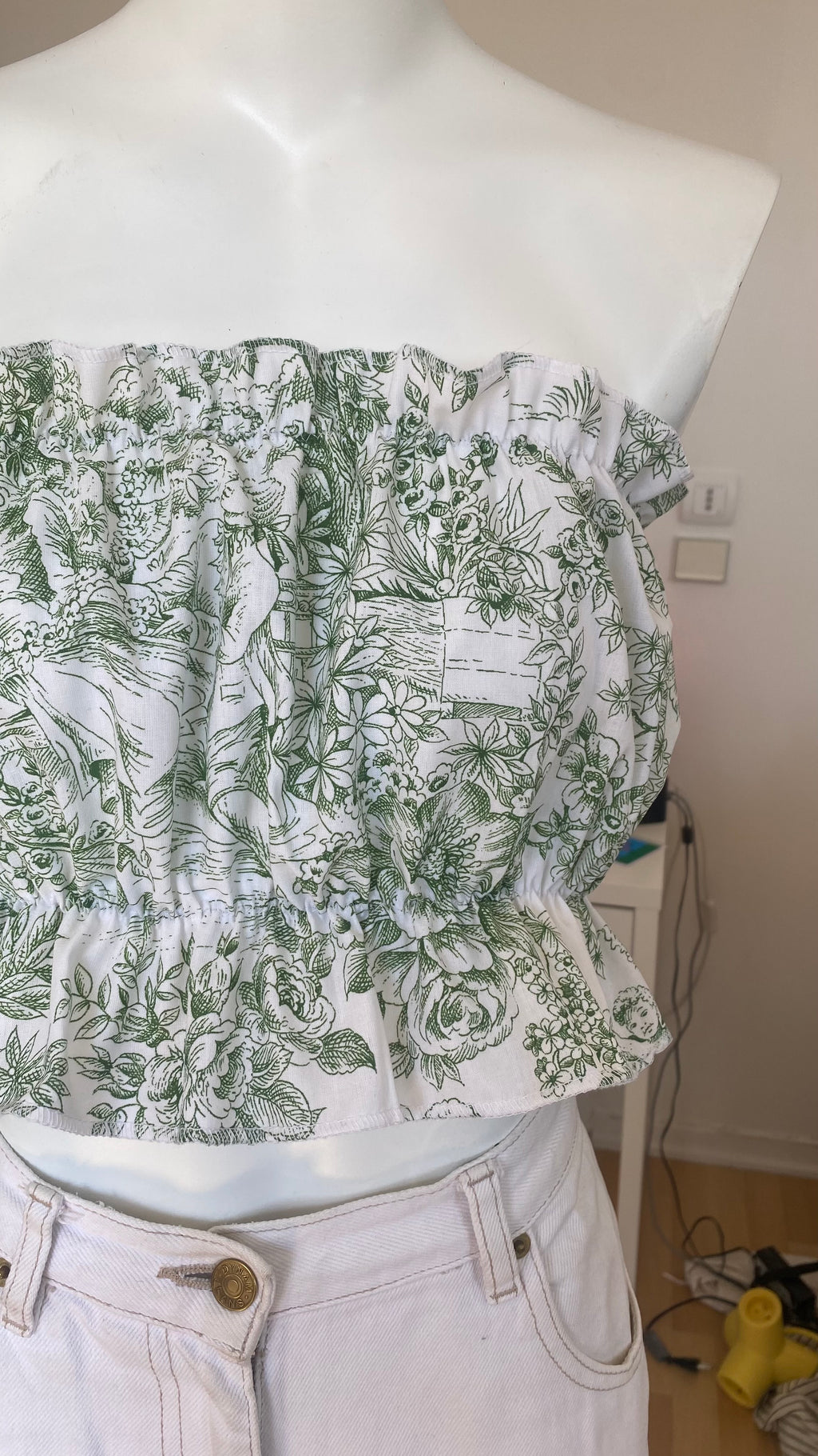 P'tis Ôh • T.XS/S au XL • Haut bandeau à froufrou toile de jouy verte et blanche