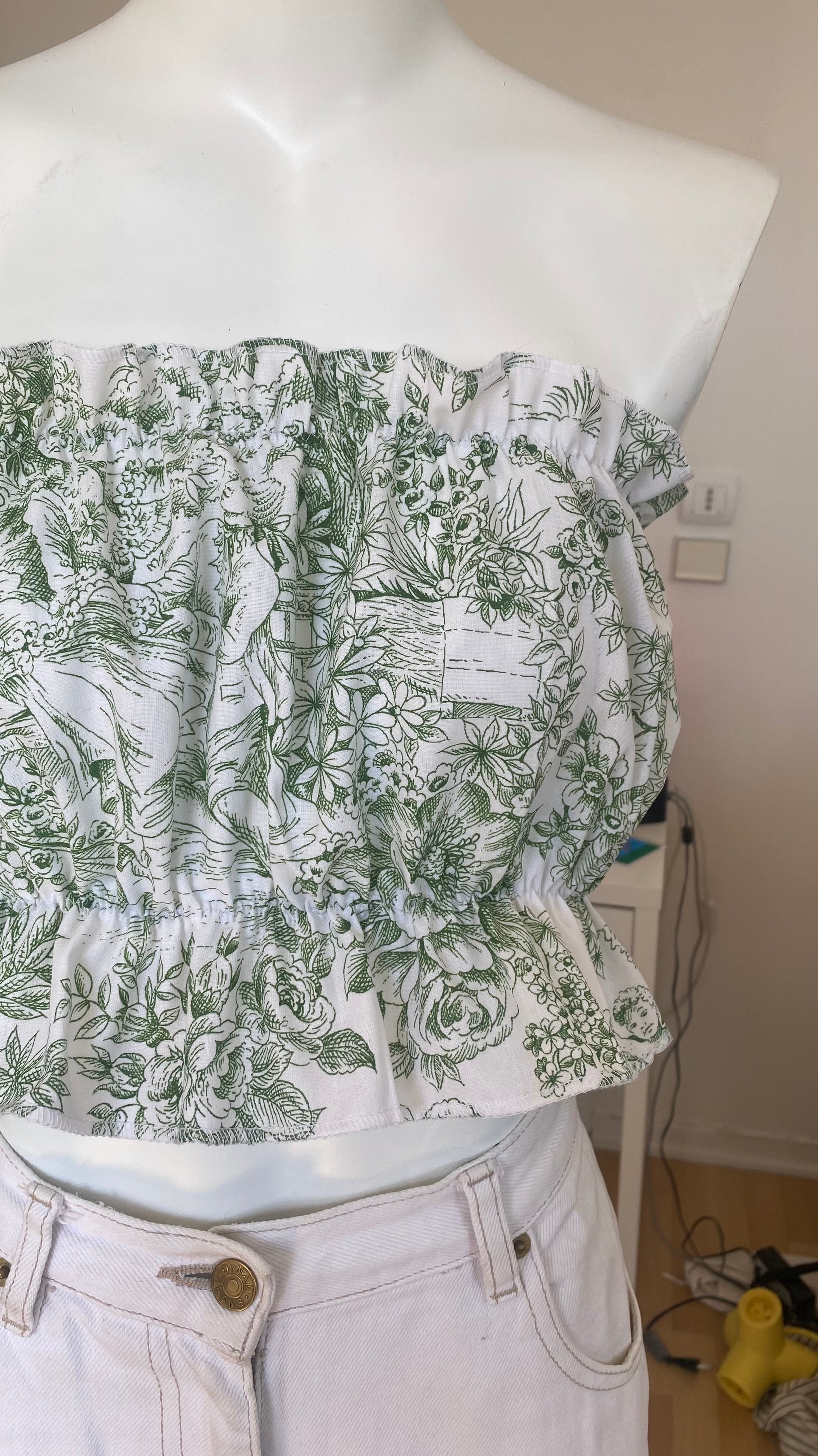P'tis Ôh • T.XS/S au XL • Haut bandeau à froufrou toile de jouy verte et blanche