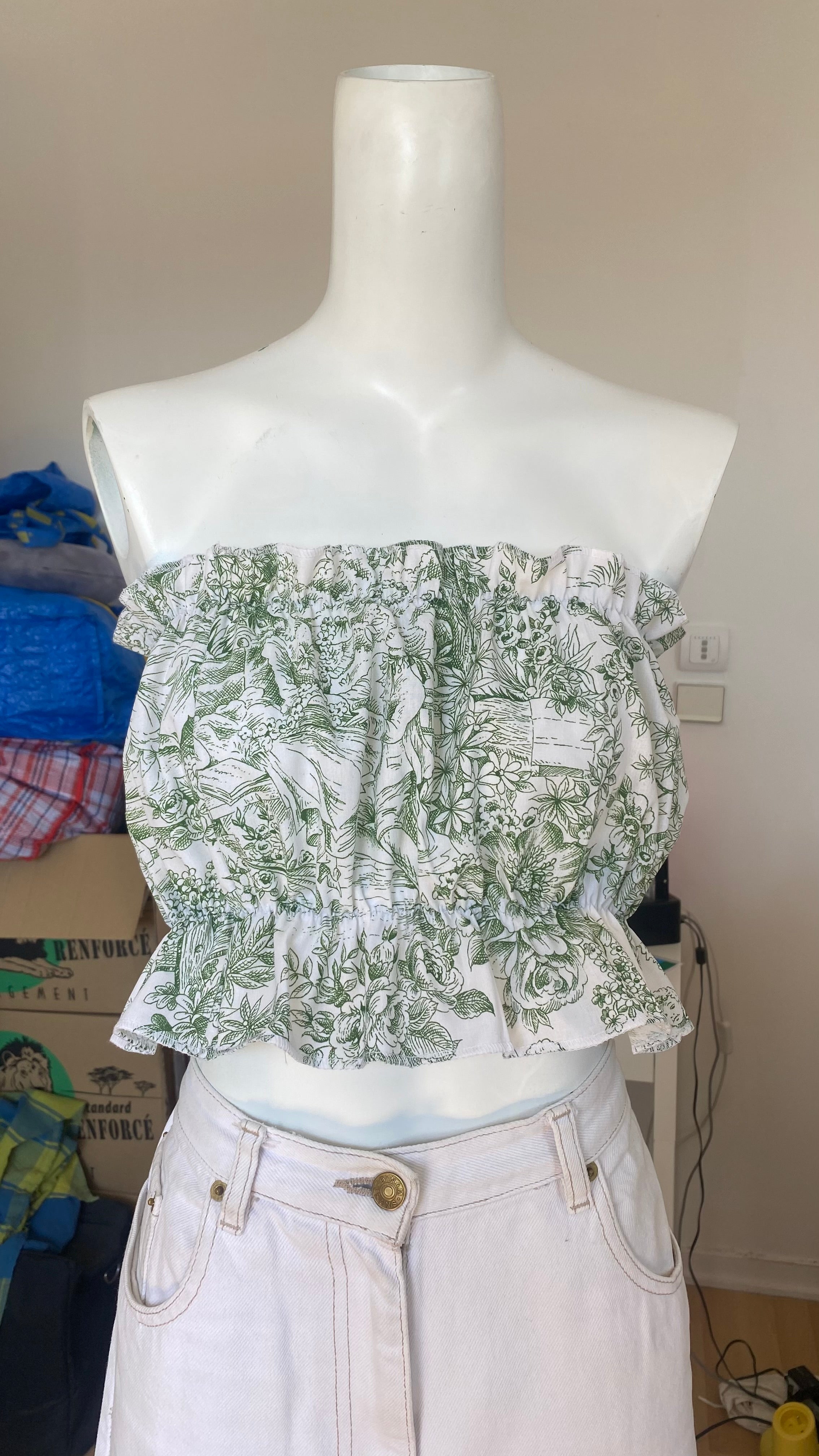 P'tis Ôh • T.XS/S au XL • Haut bandeau à froufrou toile de jouy verte et blanche
