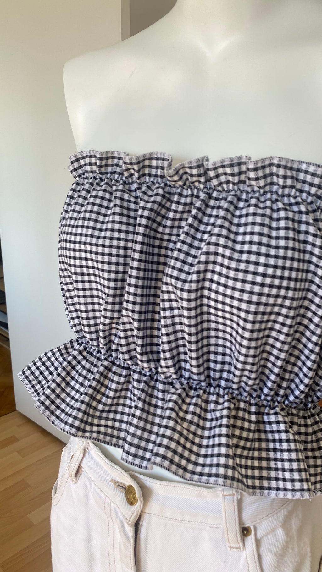 P'tis Ôh • T.XS/S au XL • Haut bandeau à froufrou vichy noir et blanc