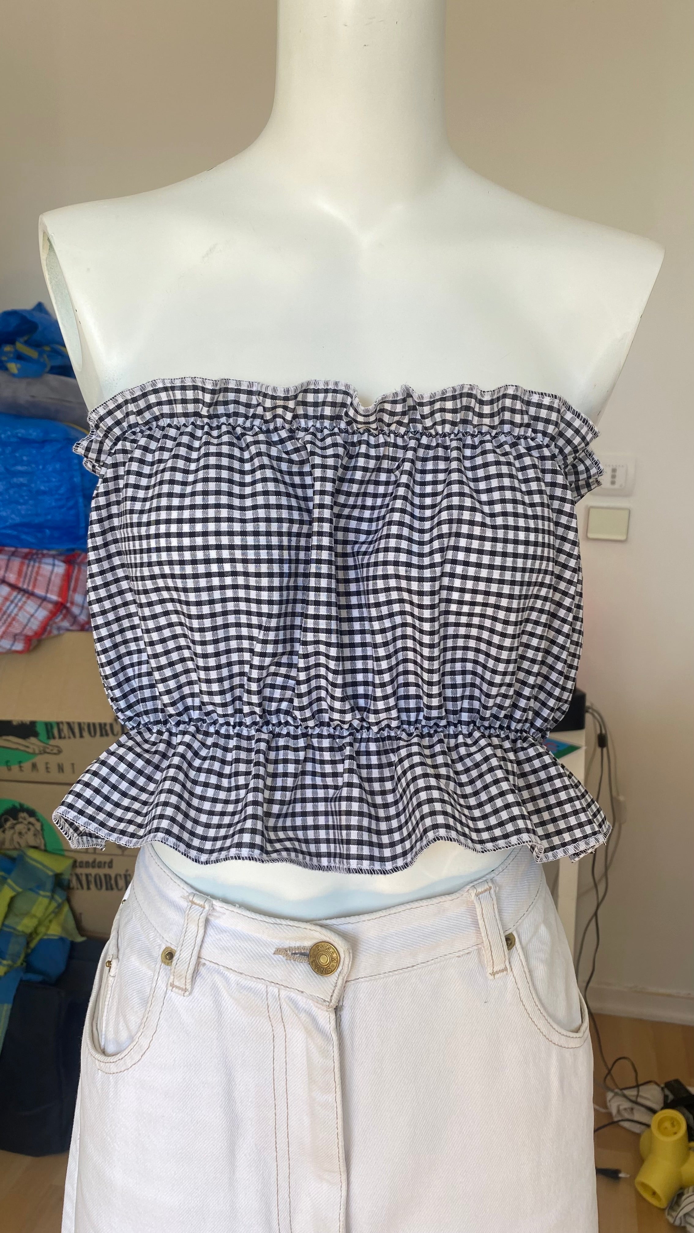 P'tis Ôh • T.XS/S au XL • Haut bandeau à froufrou vichy noir et blanc