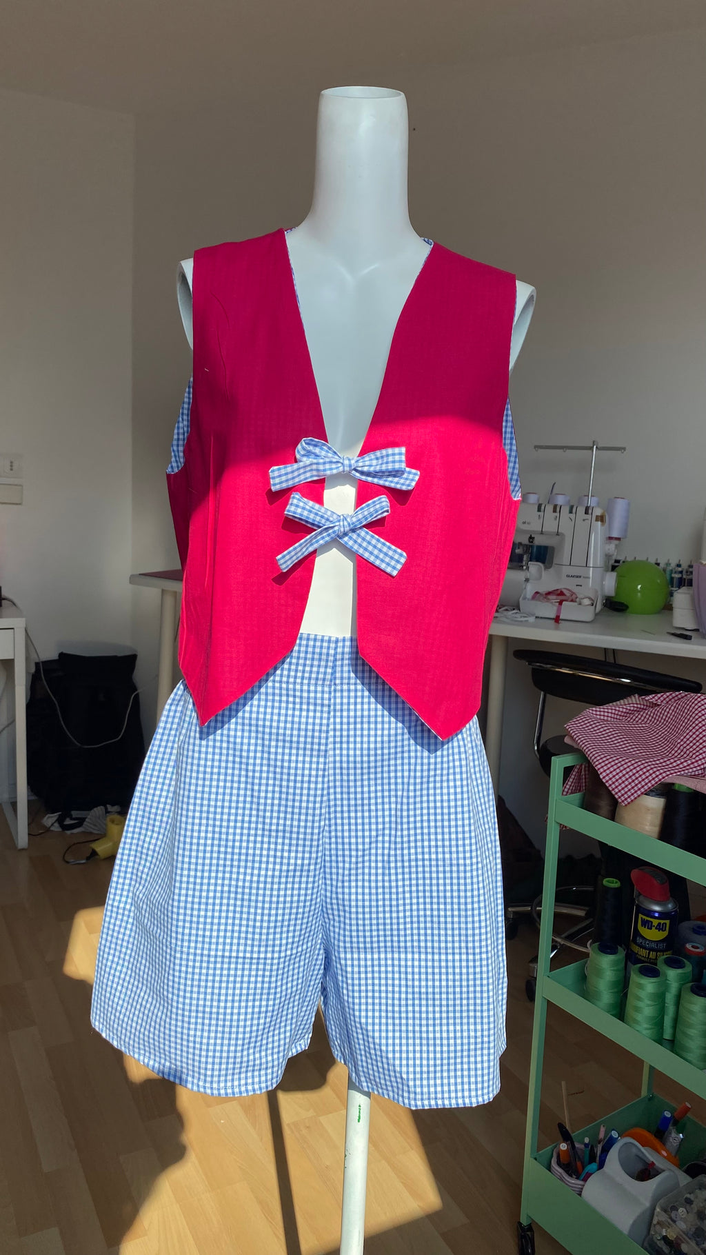 Veston réversible  • Taille unique • Veston vichy bleu clair & fushia