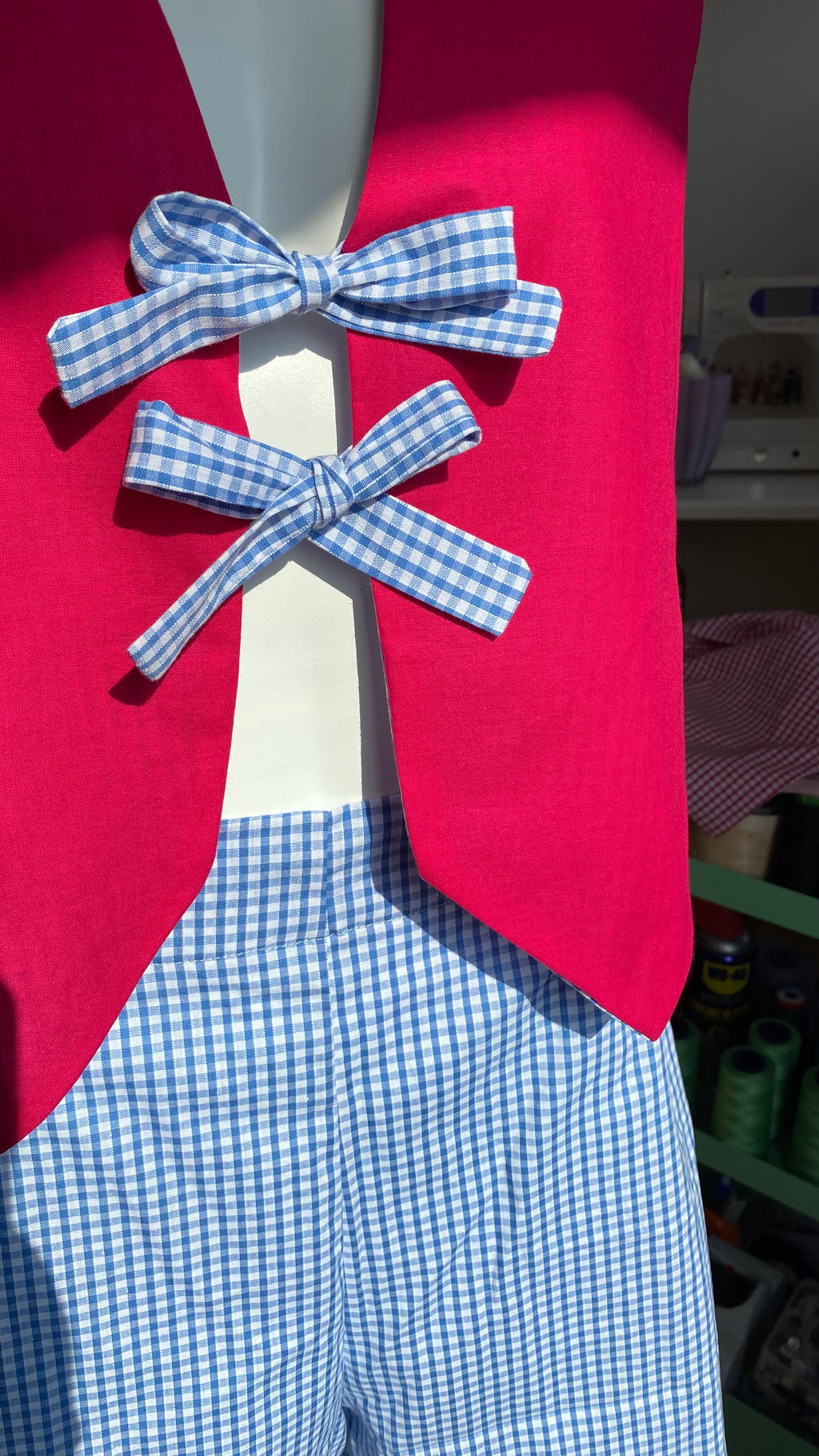 Veston réversible  • Taille unique • Veston vichy bleu clair & fushia