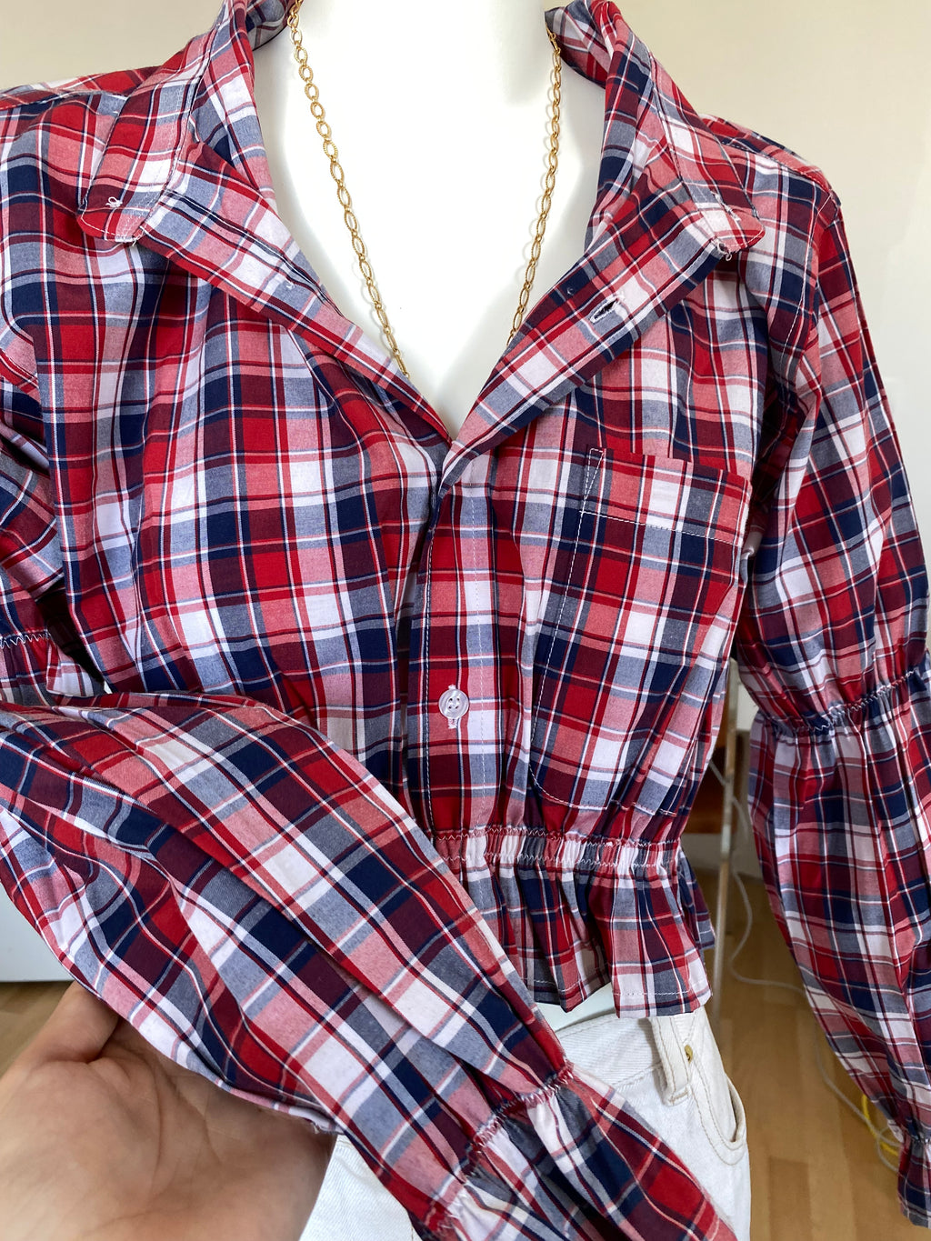Intemporelle • T. 32 à 36 • Chemise courte manches longues à carreaux tricolores