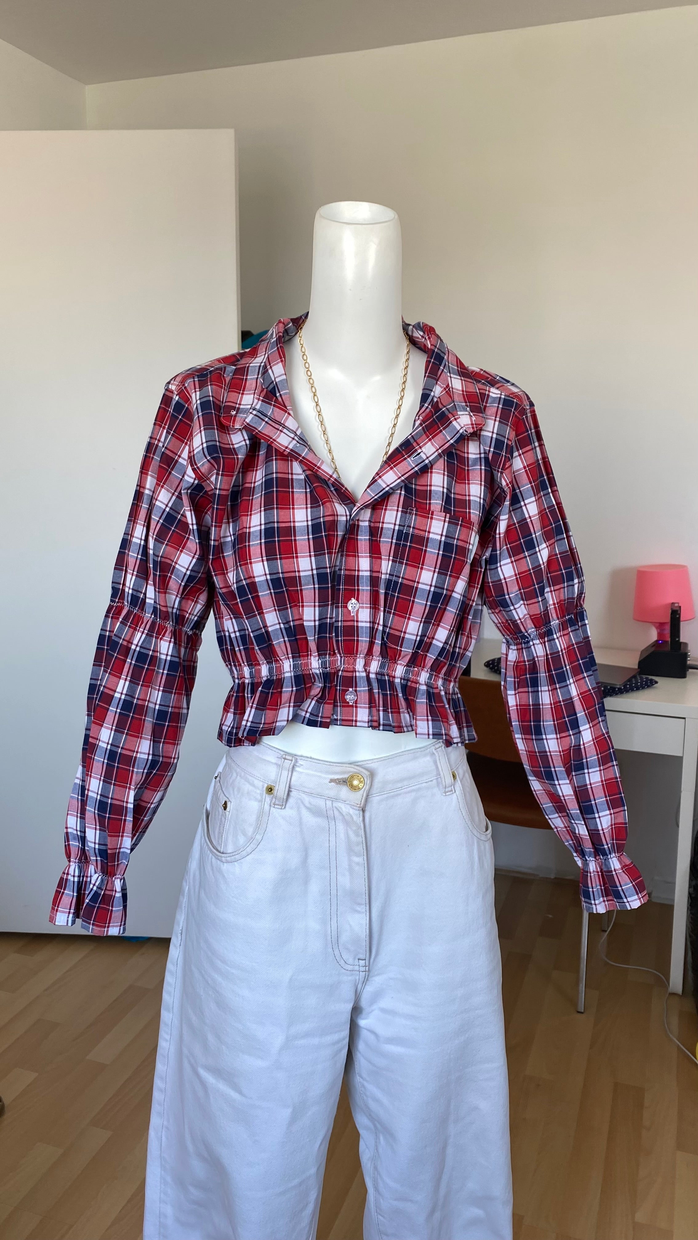 Intemporelle • T. 32 à 36 • Chemise courte manches longues à carreaux tricolores