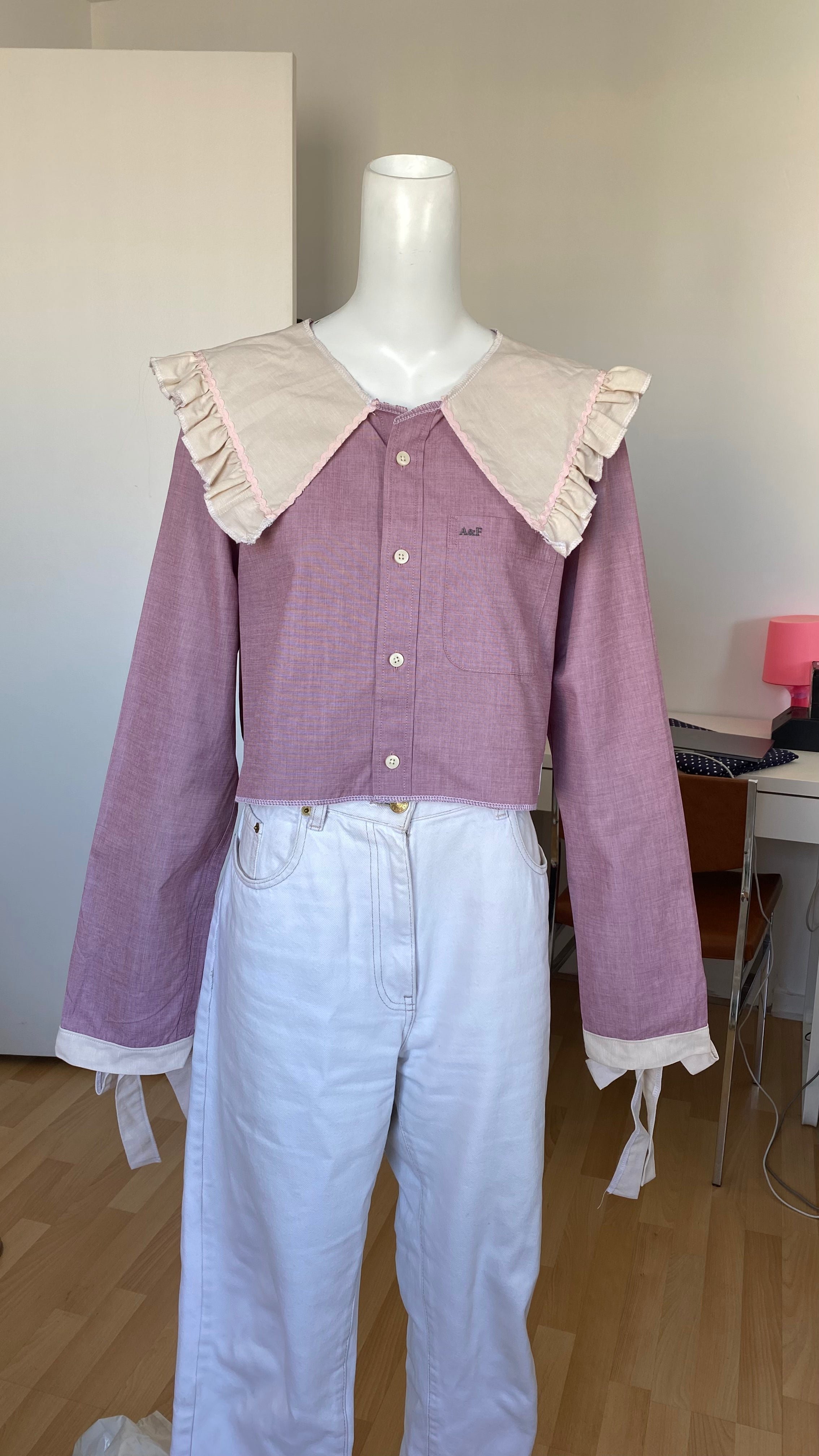 Sweaties • T.36 à 40 • Chemise upcyclée grand col bi colore vieux rose + noeuds