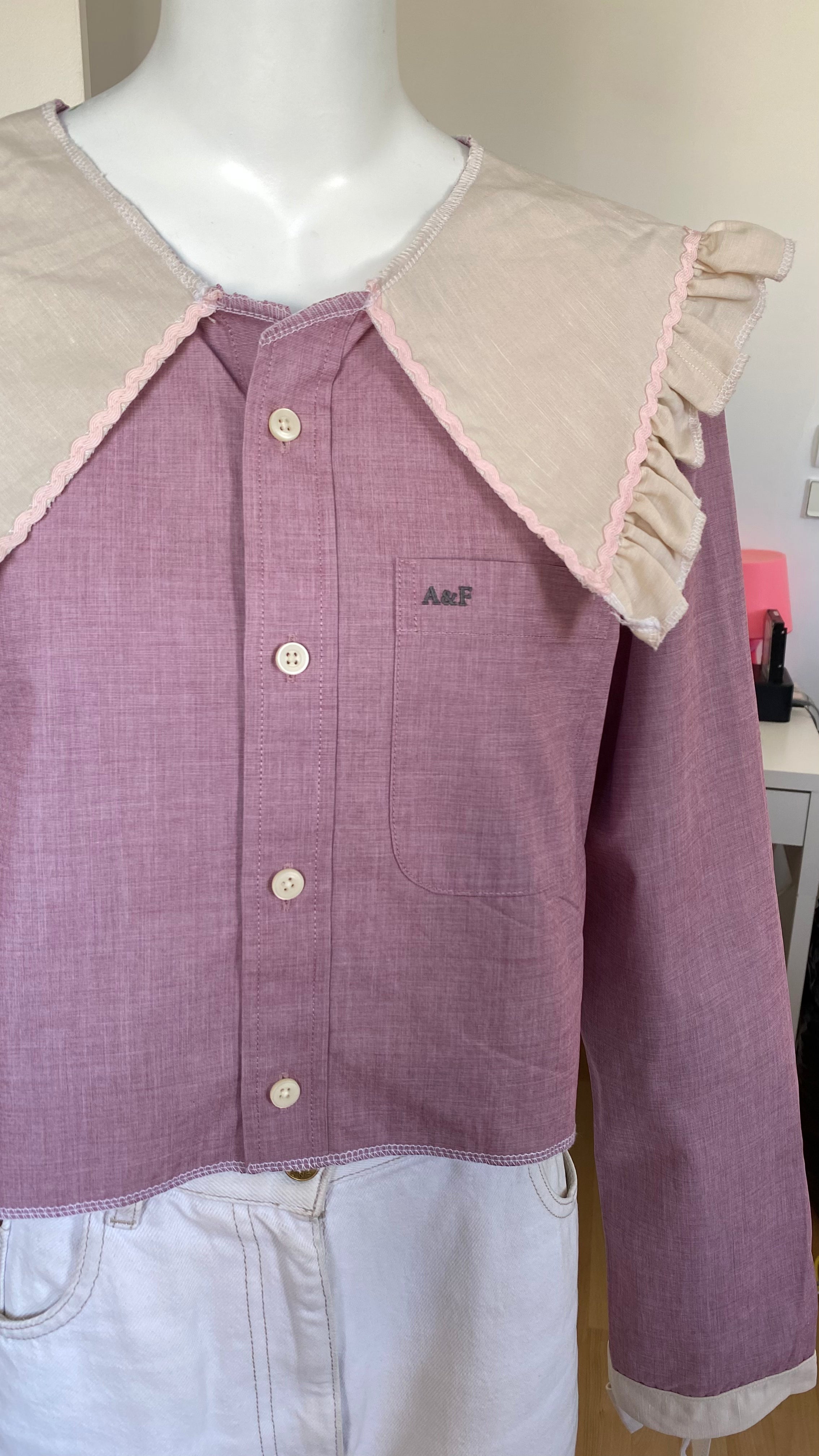 Sweaties • T.36 à 40 • Chemise upcyclée grand col bi colore vieux rose + noeuds