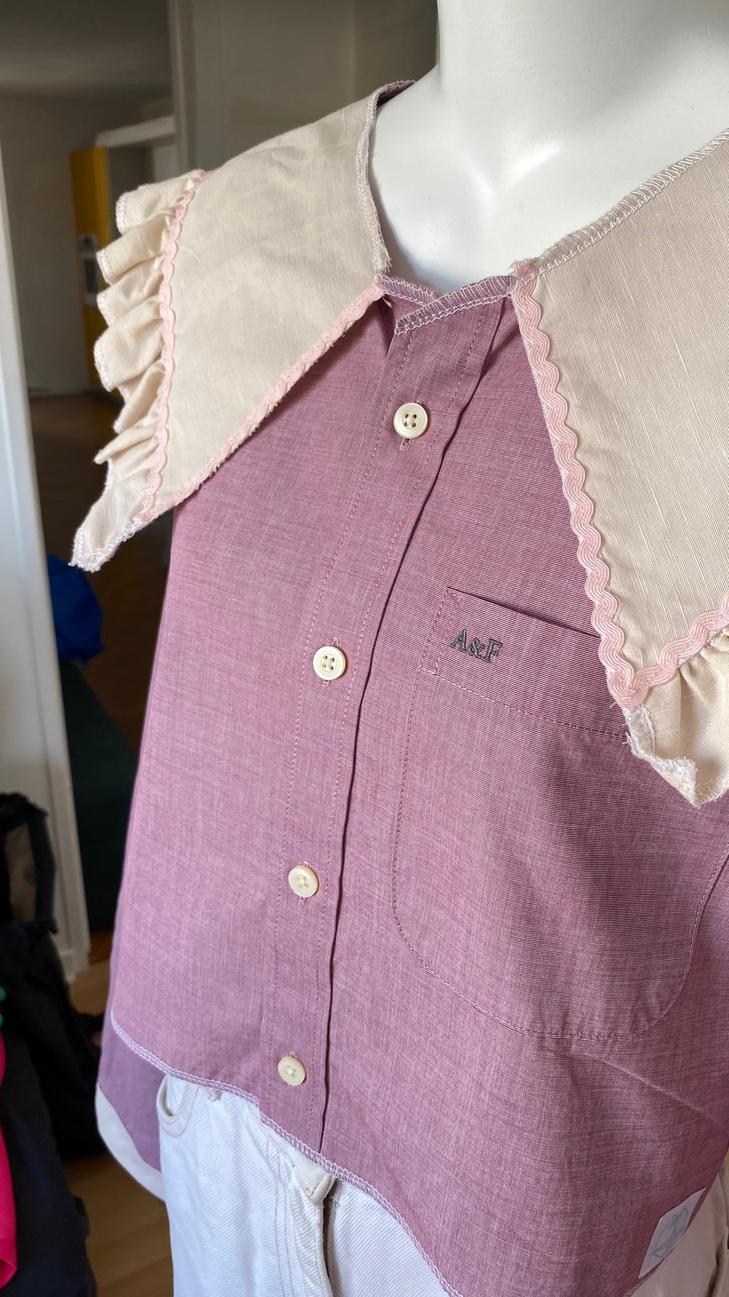 Sweaties • T.36 à 40 • Chemise upcyclée grand col bi colore vieux rose + noeuds