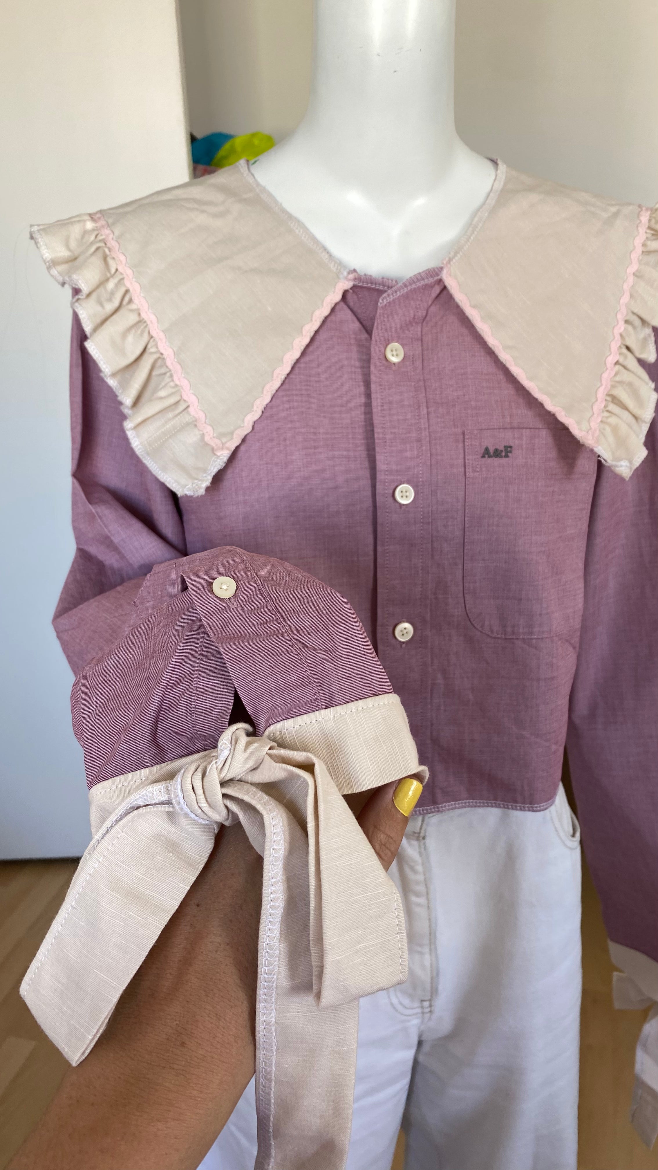 Sweaties • T.36 à 40 • Chemise upcyclée grand col bi colore vieux rose + noeuds