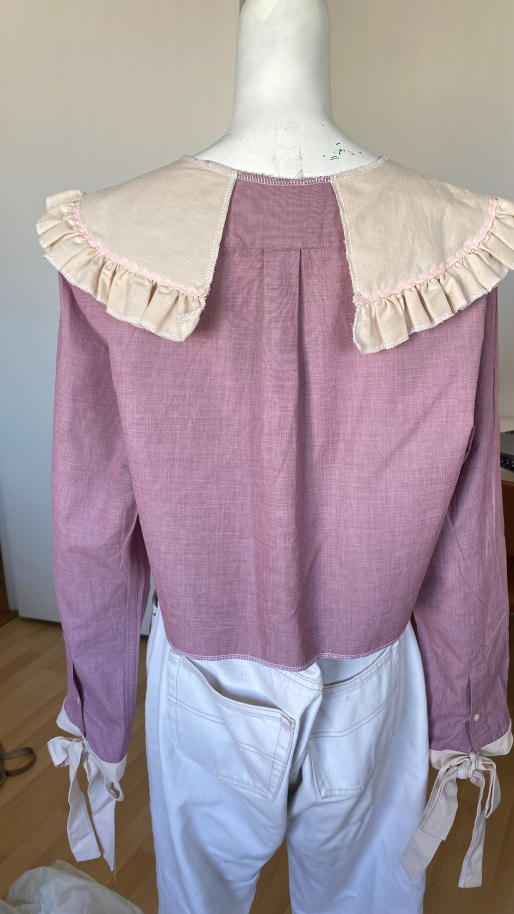 Sweaties • T.36 à 40 • Chemise upcyclée grand col bi colore vieux rose + noeuds