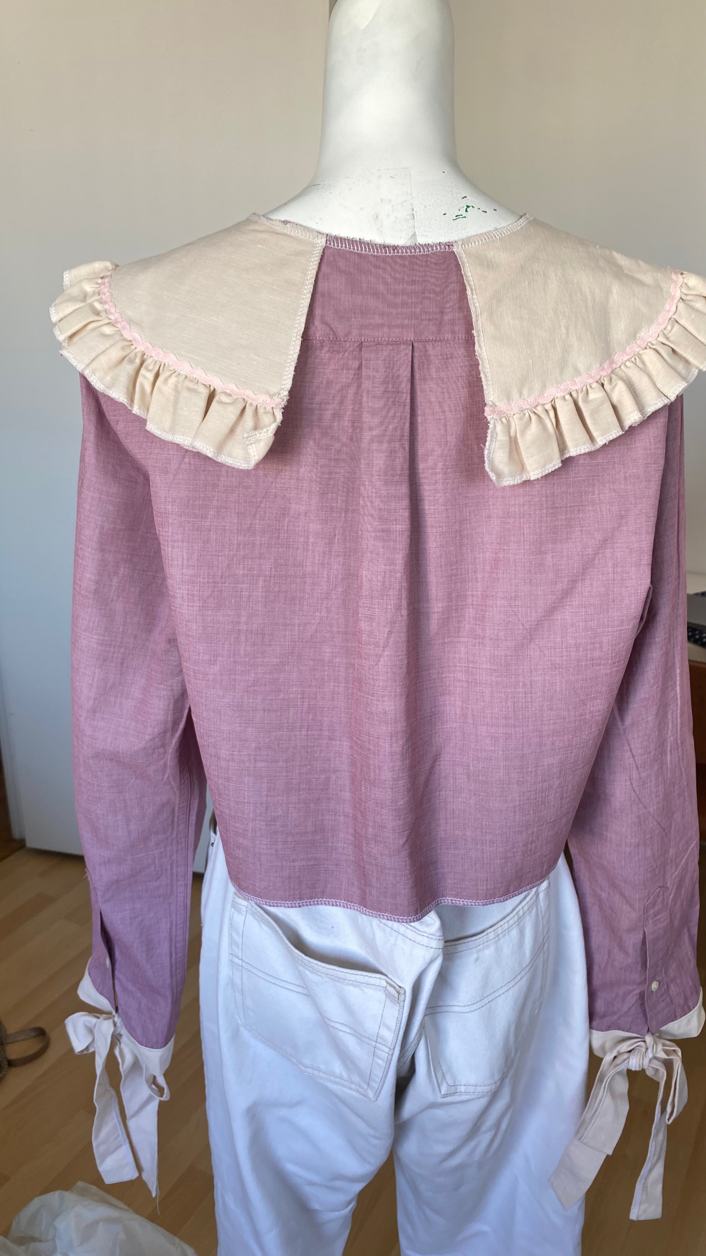 Sweaties • T.36 à 40 • Chemise upcyclée grand col bi colore vieux rose + noeuds