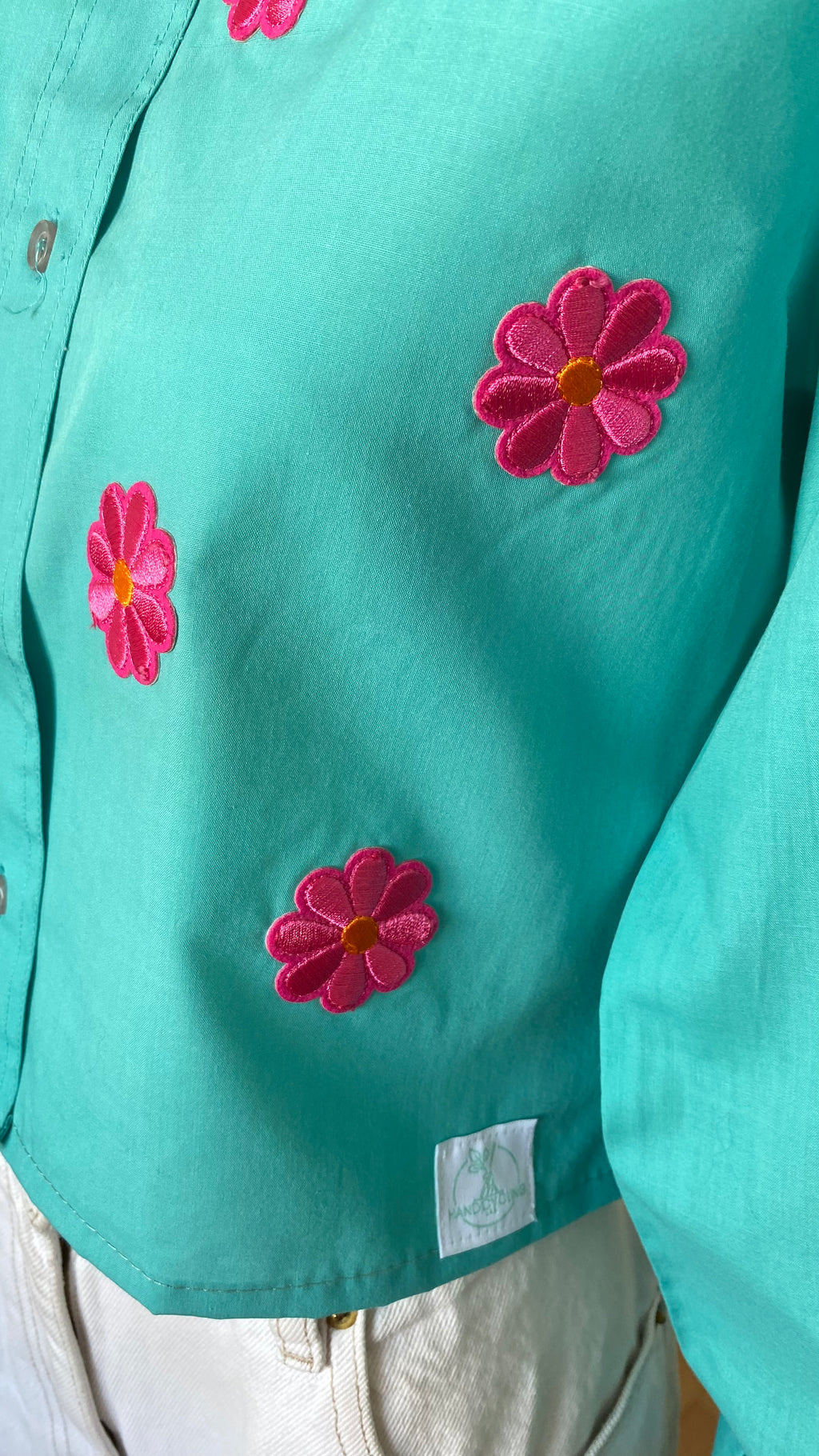Cropped • T. 32  à 36 • Chemise courte manches longues bleu à fleurs roses