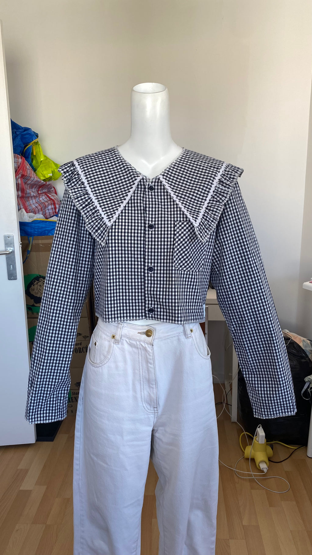 Sweaties • T.32 à 38 • Chemise upcyclée grand col vichy bleu très foncé