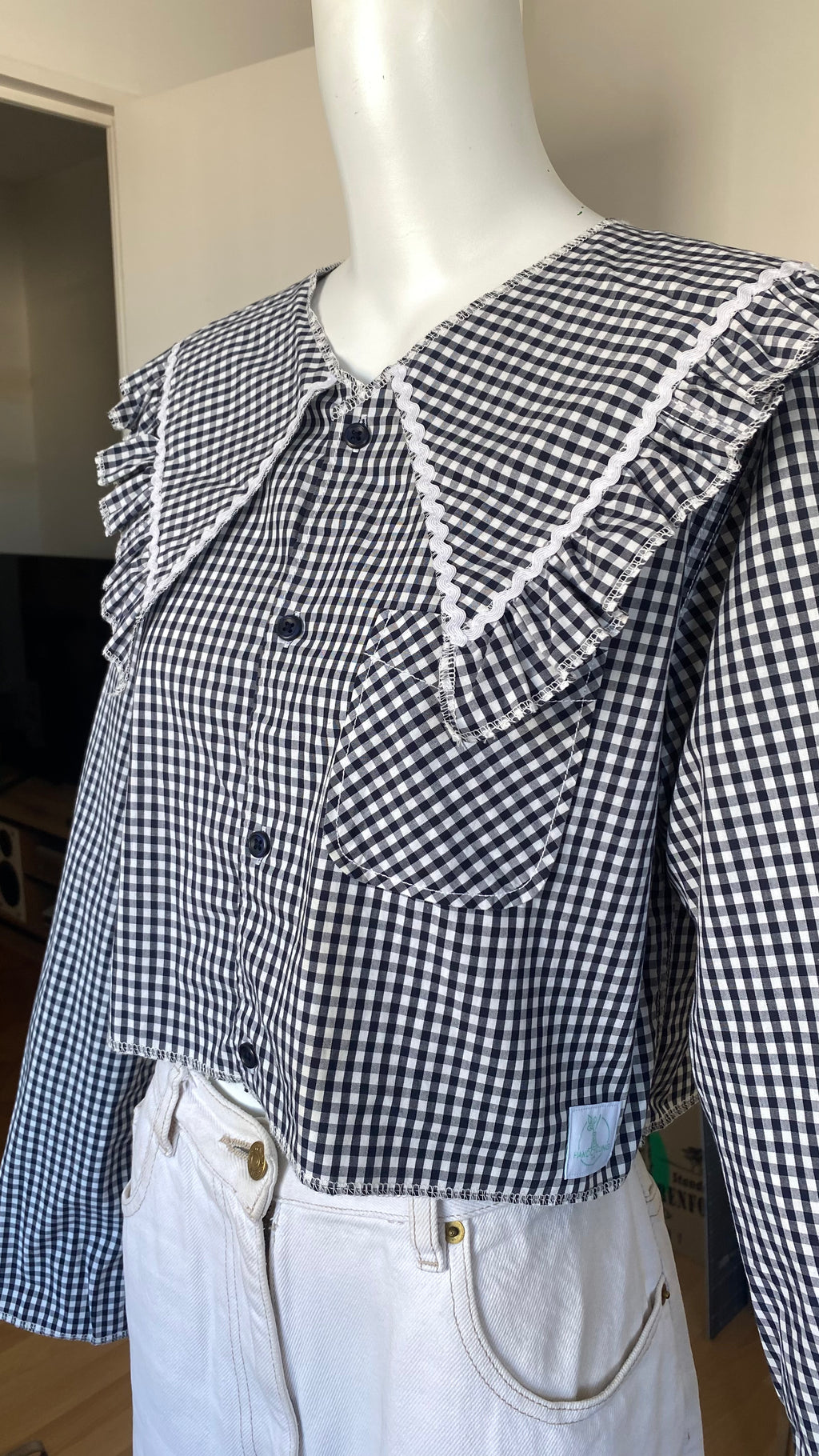 Sweaties • T.32 à 38 • Chemise upcyclée grand col vichy bleu très foncé