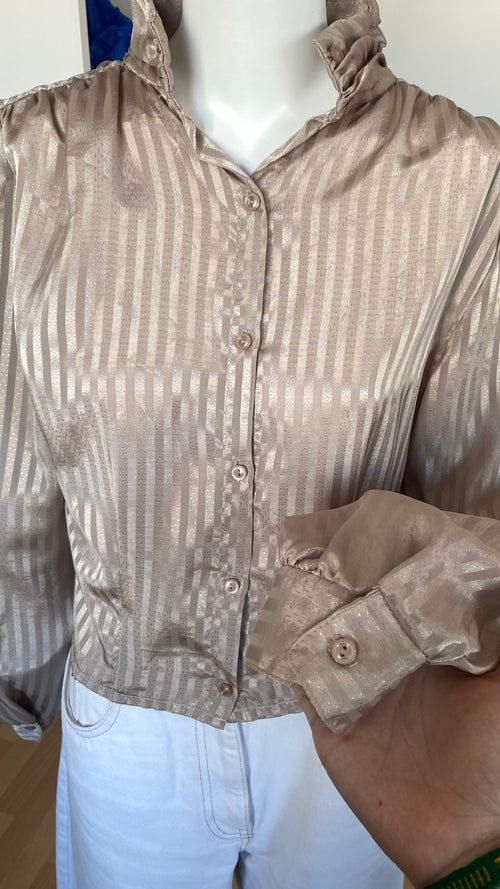 Chemise cropped • T. 34 à 36 • Chemise courte manches longues rayures beiges irisées