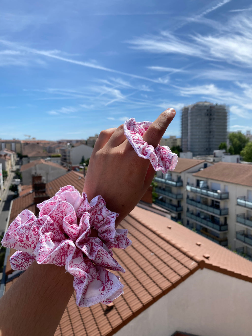 Scrunchy • T. XS à XL • Chouchou toile de jouy rose
