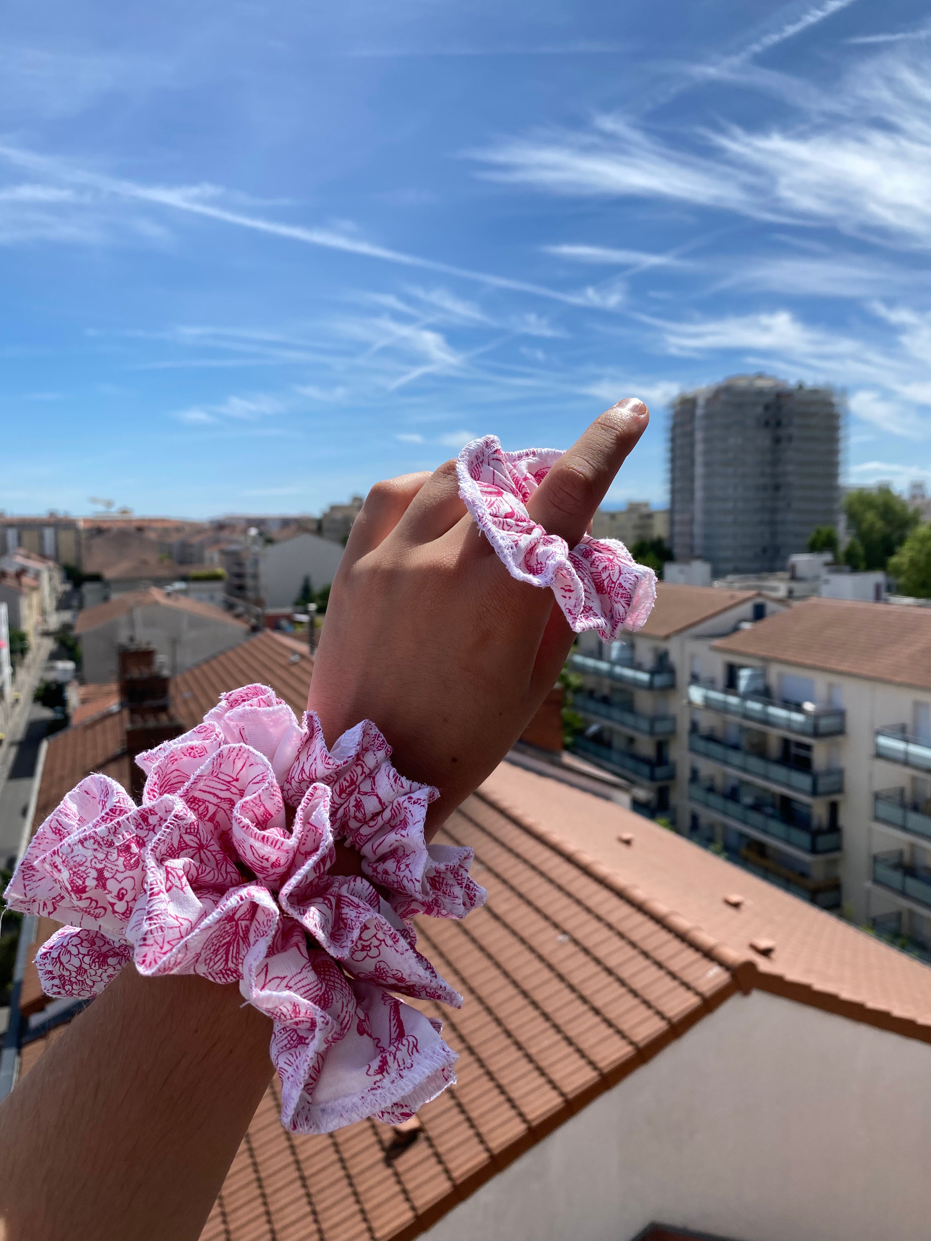 Scrunchy • T. XS à XL • Chouchou toile de jouy rose