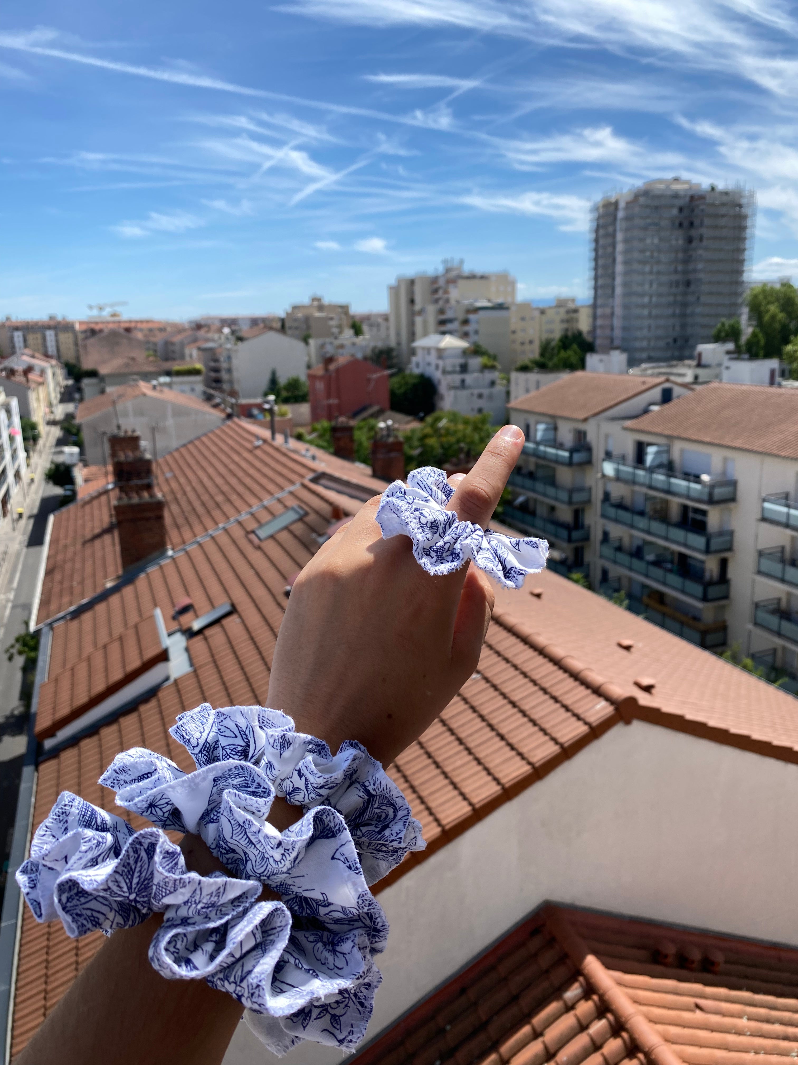 Scrunchy • T. XS à XL • Chouchou toile de jouy bleu