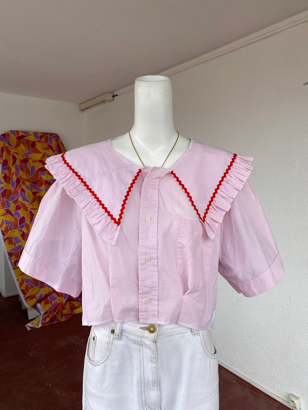 .Sweaties • T.38 à 42 • Chemise upcyclée grand col vichy rose
