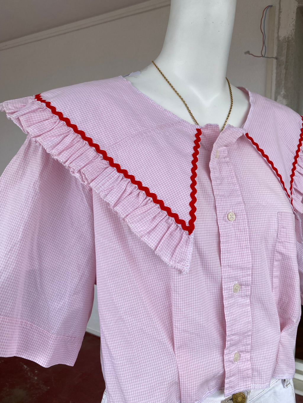 .Sweaties • T.38 à 42 • Chemise upcyclée grand col vichy rose